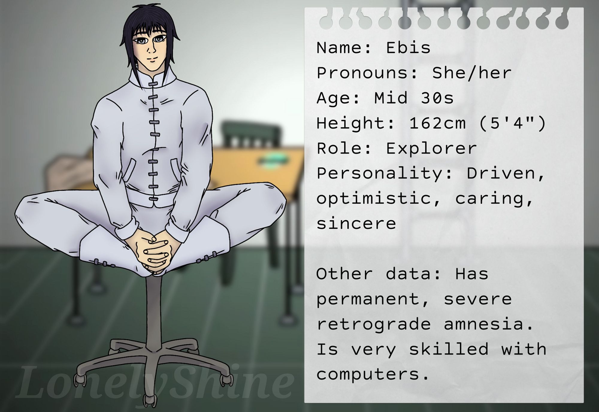 A digital drawing of Ebis, OC for Submachine. Ebis is a woman with pale golden skin, short black hair, and grey eyes. She wears an all white uniform of coat, pants, and boots. She sits with her feet on a stool, hands on the tip of her boots, and smiles at the viewer with her head slightly tilted to the side. To her side, a note reads: "Name: Ebis. Pronouns: She/her. Age: Mid 30s. Height: 162cm (5' 4''). Role: Explorer. Personality: Driven, optimistic, caring, sincere. Other data: Has permanent, severe retrograde amnesia. Is very skilled with computers." The background shows the original artwork of the Lab from the fourth installment of the game.