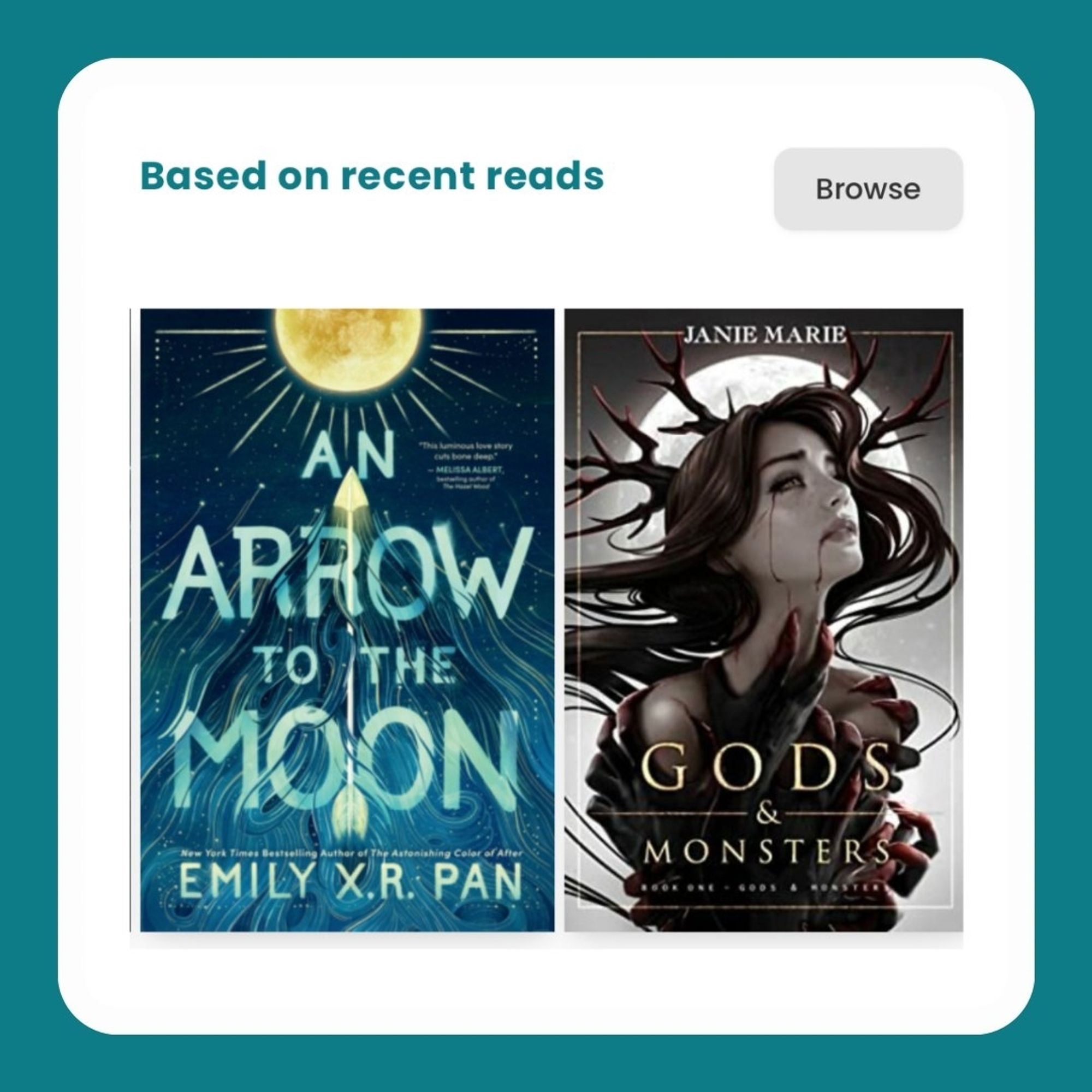 Screenshot of the new "Based on recent
reads" recommendations section on
StoryGraph. Two book covers are show
side-by-side, and there's a "Browse"
button top right.