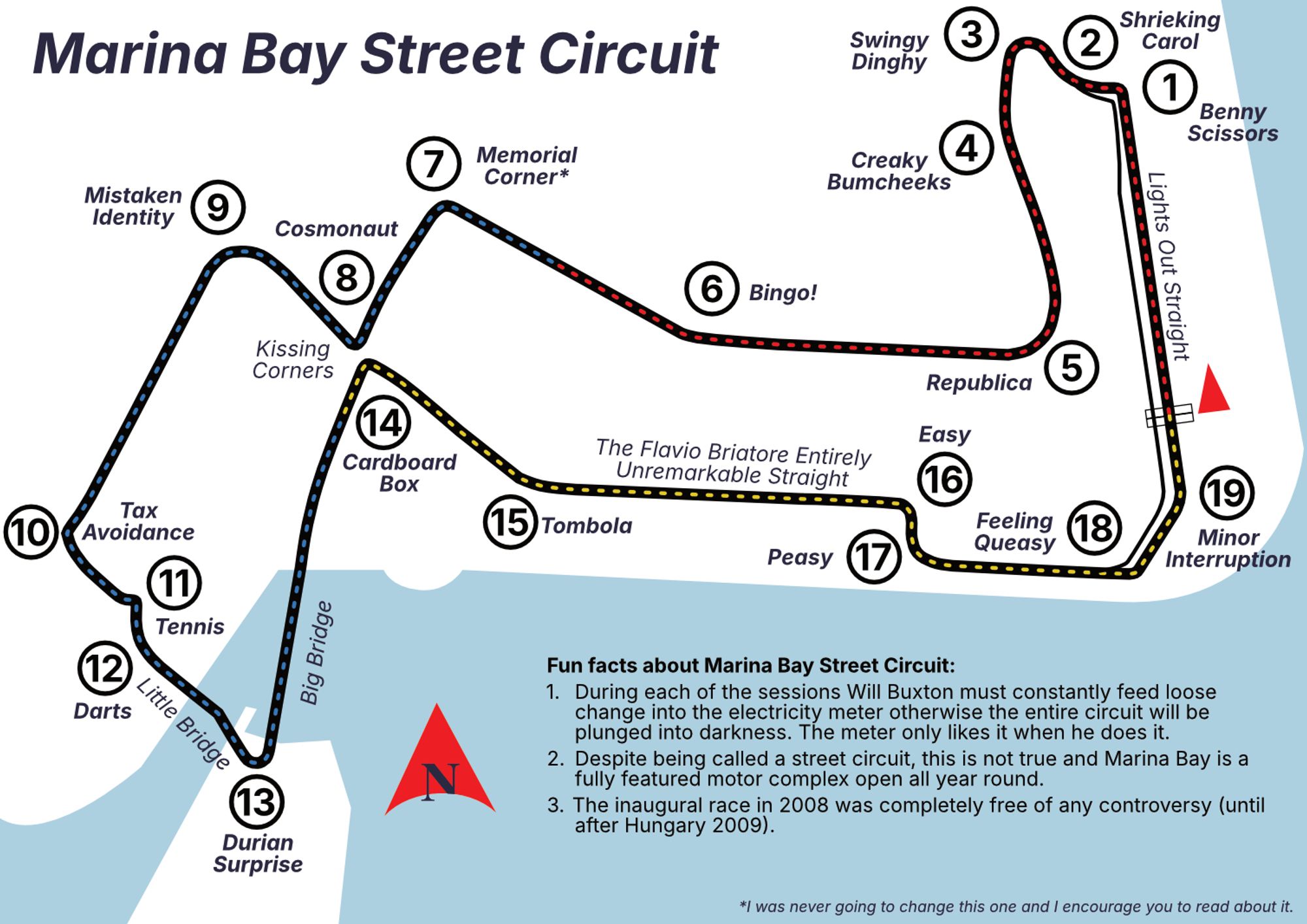 Singapore’s Marina Bay Street Circuit in most of its glory. I added dubious facts and funny corner names. But I didn’t change Memorial Corner.