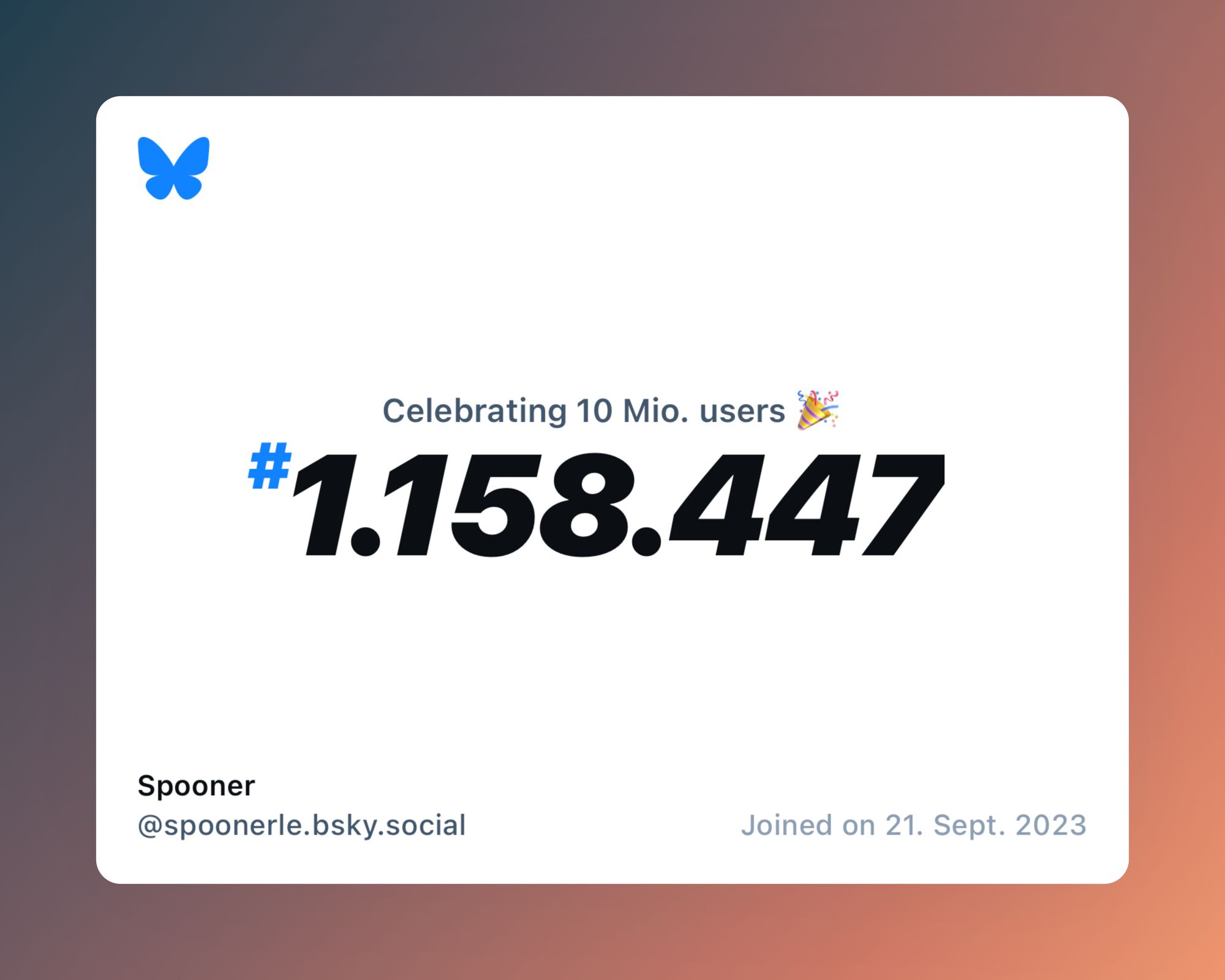 A virtual certificate with text "Celebrating 10M users on Bluesky, #1.158.447, Spooner ‪@spoonerle.bsky.social‬, joined on 21. Sept. 2023"