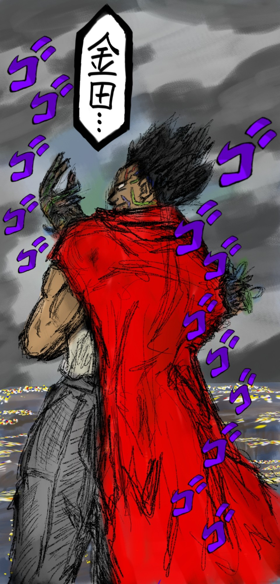 The character, Tetsuo Shima, from the manga/anime Akira standing in the same pose as Dio Brando's back facing pose from Jojo's Bizarre Adventure, while he mutters the name of "Kaneda".