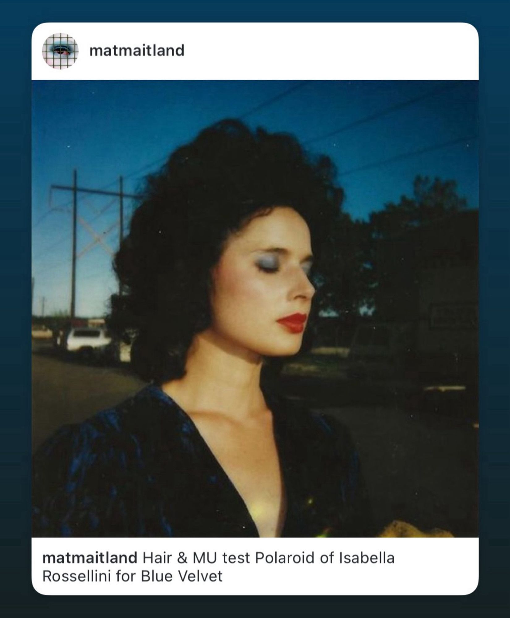 “Hair & MU test Polaroid of Isabella
Rossellini for BLUE VELVET”