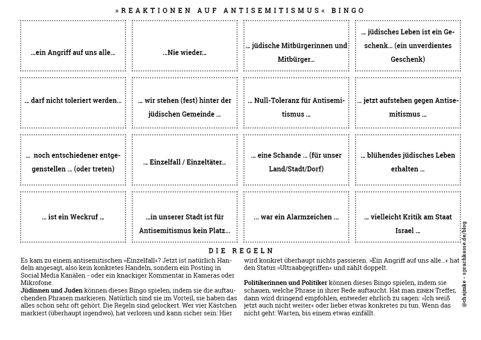 Das »Reaktionen auf Antisemitismus Bingo« mit verschiedenen Floskeln, die gerne auf antisemitische Ereignisse folgen.