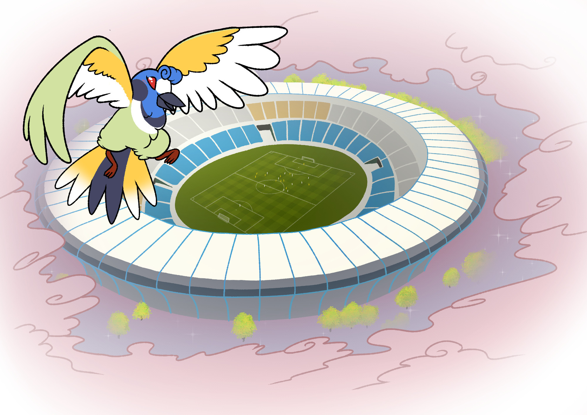 Art of Raya from Yokoka's Quest, in her bird form. She is flying above some dream-like clouds, and beneath them is the Maracanã Stadium in Rio de Janeiro, and distant football (soccer) players can be seen on the pitch.