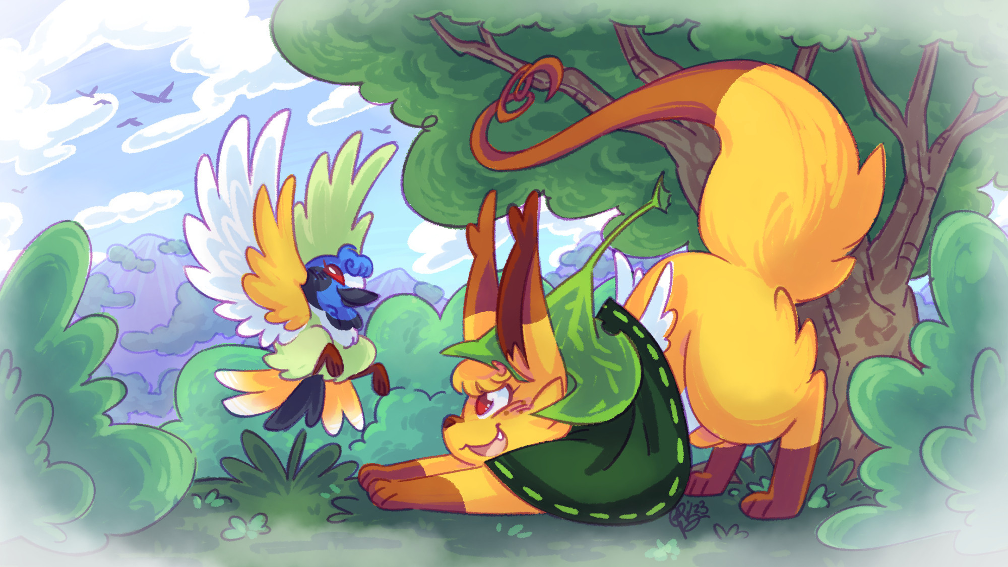 Art of Raya from Yokoka's Quest, in both her fruit fox and bird forms, looking at each other. On the left, bird Raya is flying slightly above ground level, and on the right, fruit fox Raya is crouched with her arms out forward.