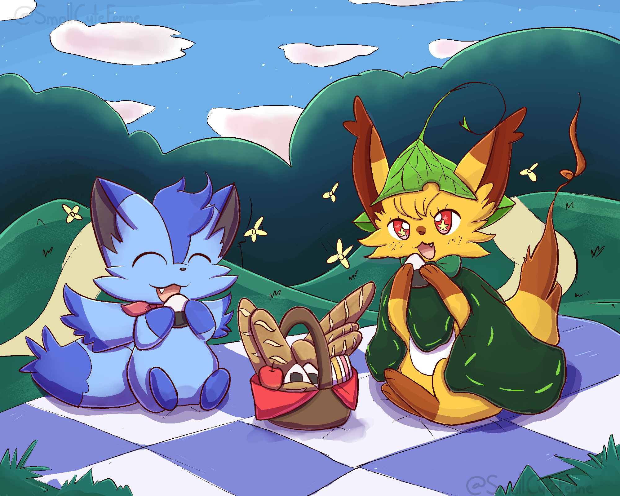 Art of Raya and Yfa from Yokoka's Quest, sitting outdoors on a checkered picnic blanket. They are eating onigiri from a picnic basket, which includes more onigiri, bread, sandwiches, and an apple.