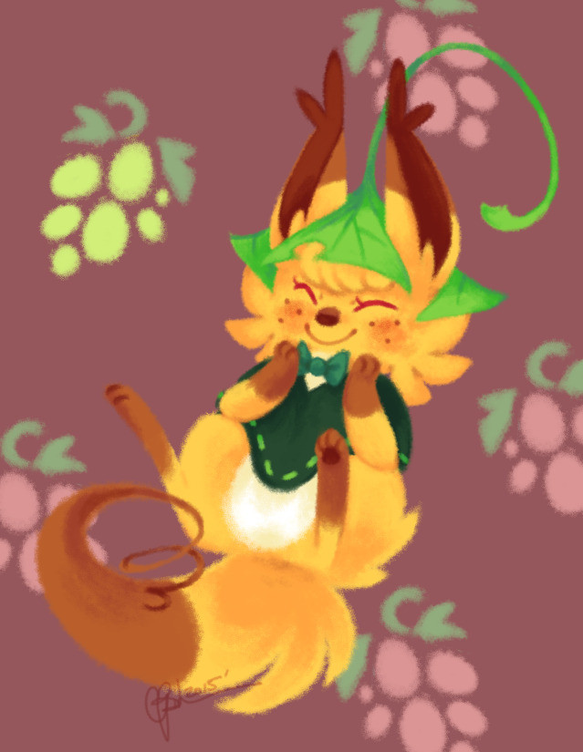 Art of Raya from Yokoka's Quest, in a sitting position with her tail slightly in front of her. Both hands are on her cheeks, and she is smiling with her eyes closed. The background is some repeated bunches of grapes.