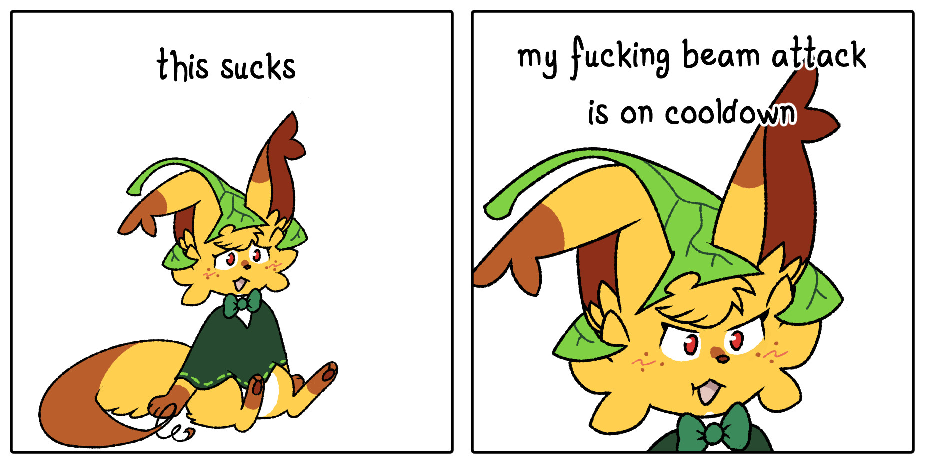 Art of Raya from Yokoka's Quest.
In the 1st panel, she is sat on the ground with a disappointed expression, saying "this sucks".
In the 2nd panel, a close-up of her now annoyed expression is shown, and she is saying "my fucking beam attack is on cooldown".
It is based on the mysillycomics strip "nerfed".