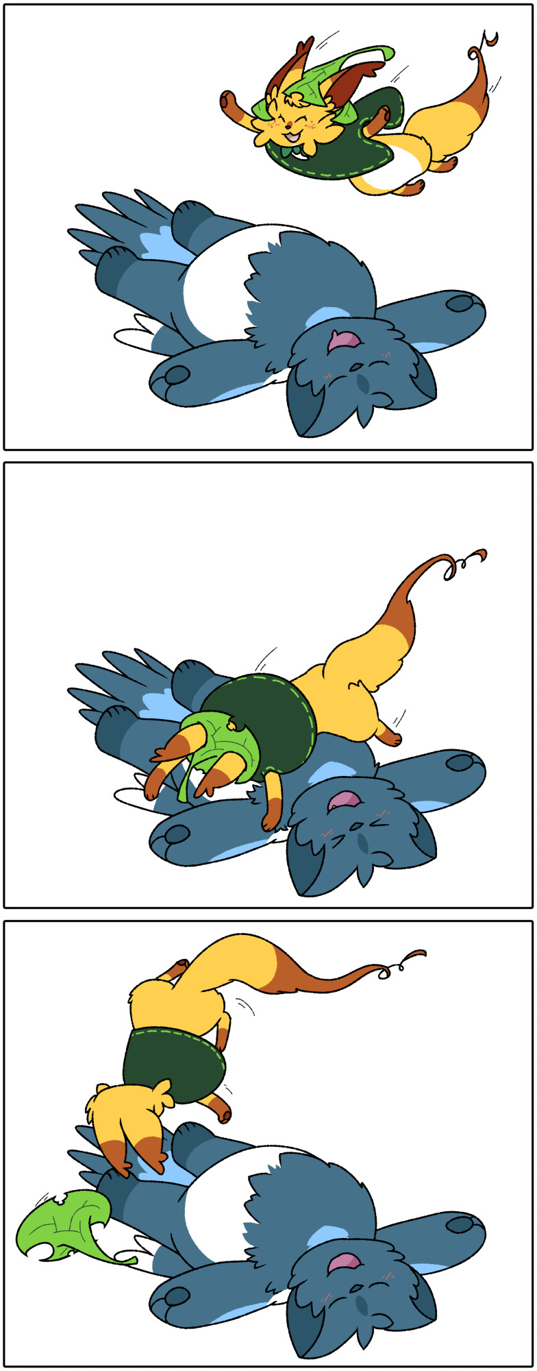 Art of Raya and Papa from Yokoka's Quest.
In the 1st panel, Raya is descending towards Papa, who is asleep in his fruit fox form.
In the 2nd panel, Raya has landed on Papa's belly, who has reacted slightly but remains asleep.
In the 3rd panel, Raya bounces off of Papa's belly uncontrollably and upside down, and her hat has fallen off.