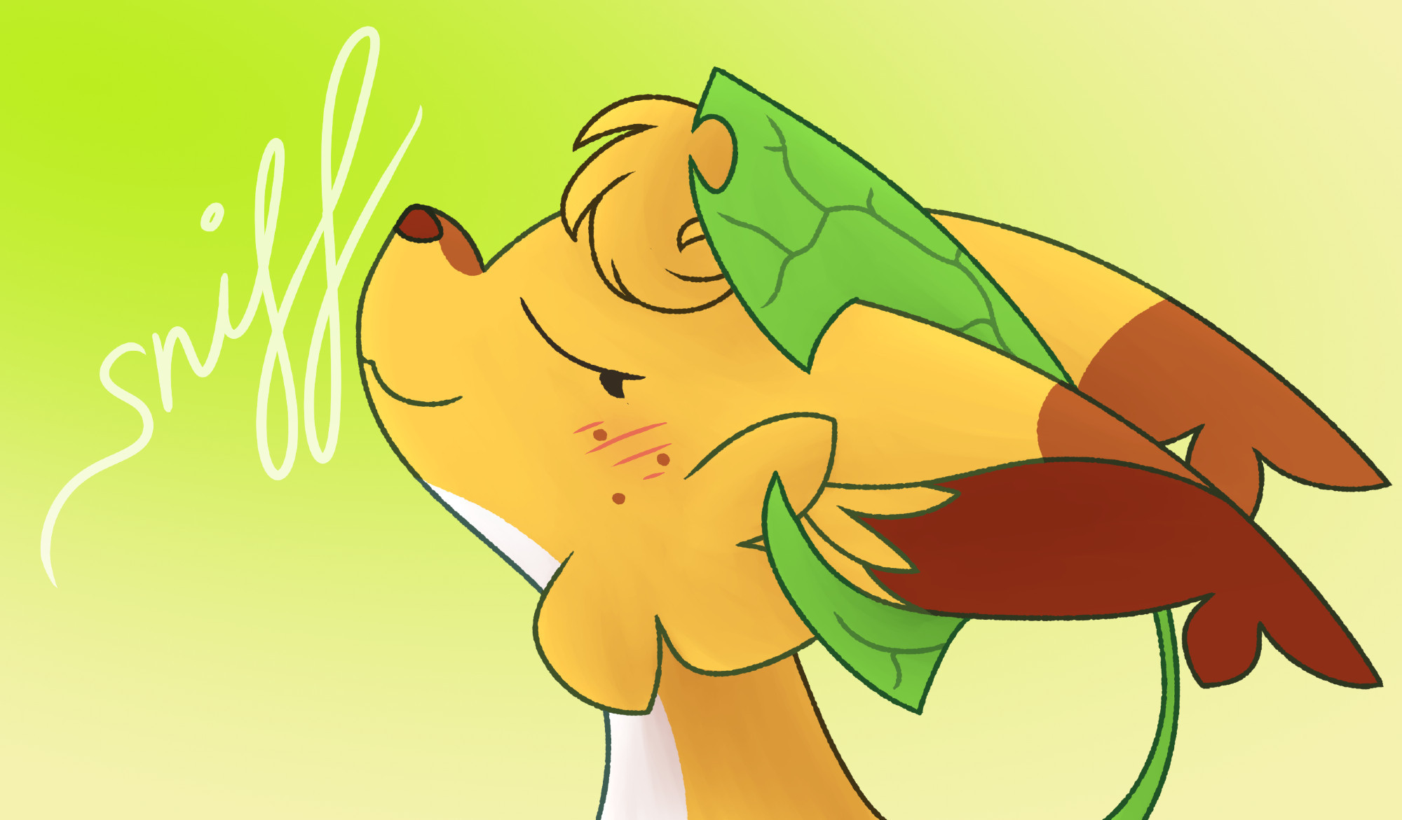 Art of Raya from Yokoka's Quest, pointing her nose upward, smiling with her eyes closed. The word "sniff" appears near her nose in the background. The art is based off of panels from Yokoka's Quest chapter 1 page 7, and chapter 2 page 19.