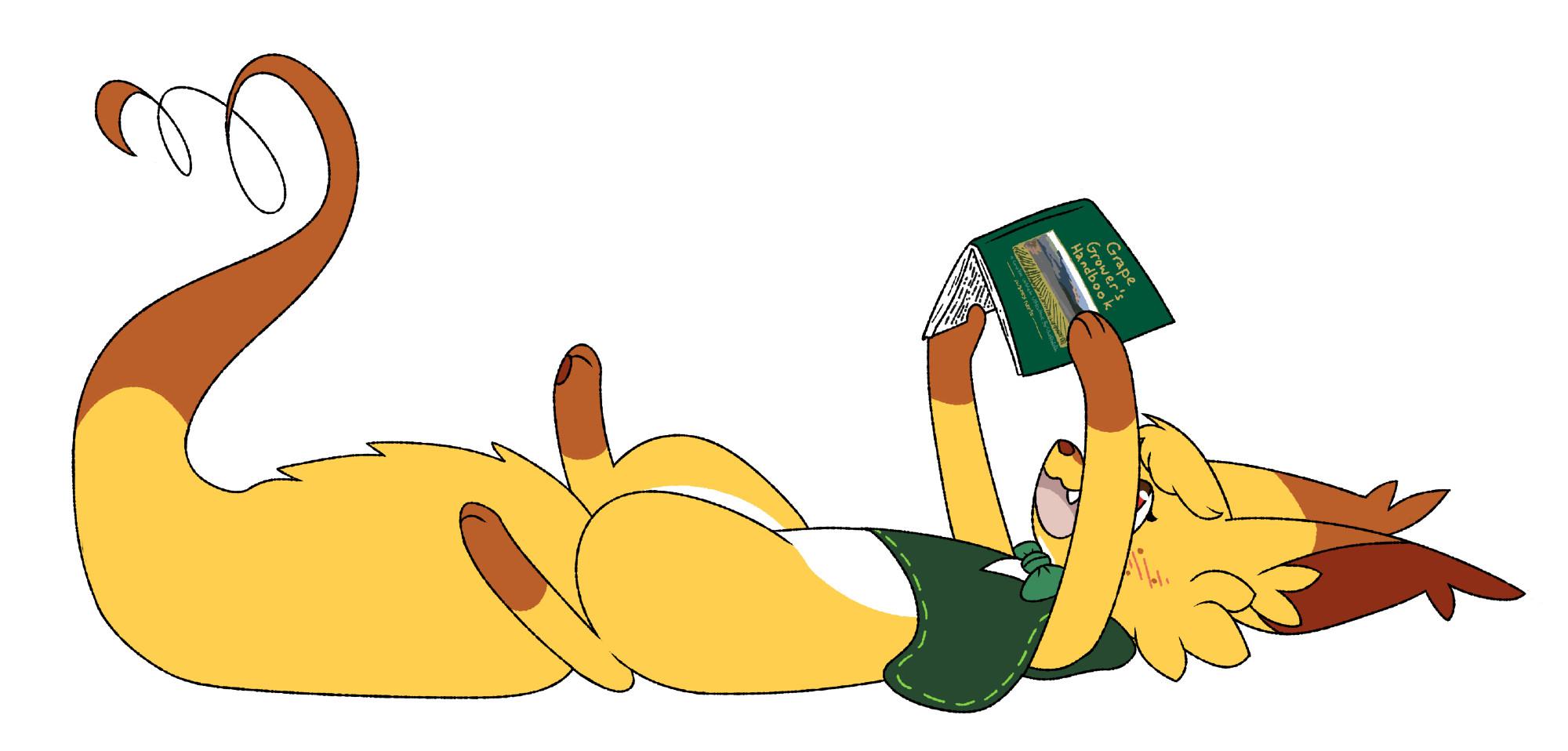 Art of Raya from Yokoka's Quest, lying down on her back. reading a book that she is holding in both hands directly above her head. The book is titled "Grape Grower's Handbook".