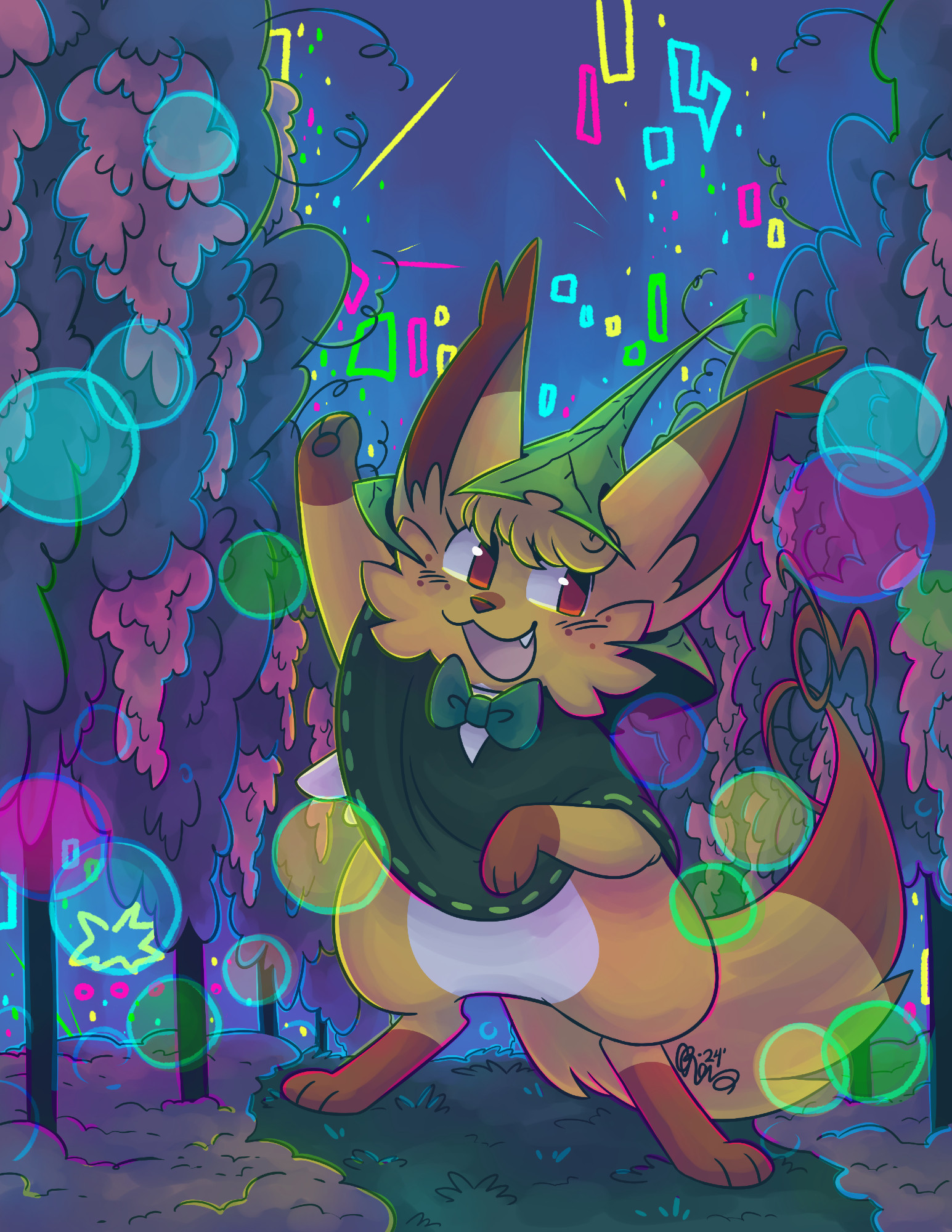 Art of Raya from Yokoka's Quest, holding up one paw and standing in a vineyard with grape vines to both sides. Far in the background is the glow of neon lights, indicating that the setting is the Tree of Life.