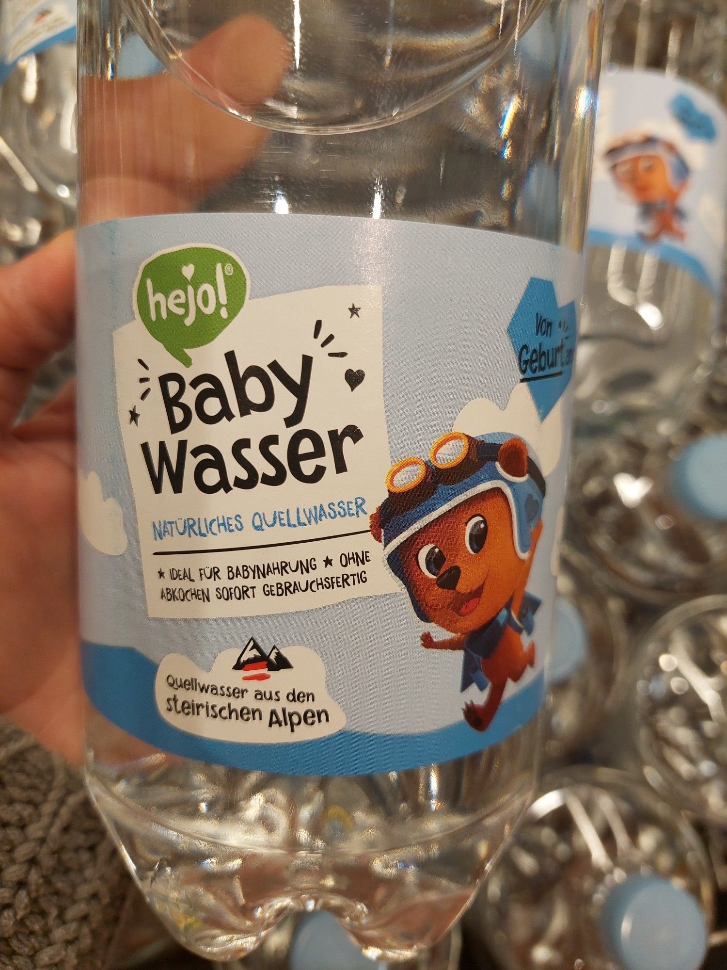 Eine Plastikflasche mit durchsichtigem Inhalt. Hellblaues Etikett, darauf ein Comicbär oder Hund, in dunkelblauer Schrift steht 'Babywasser'.