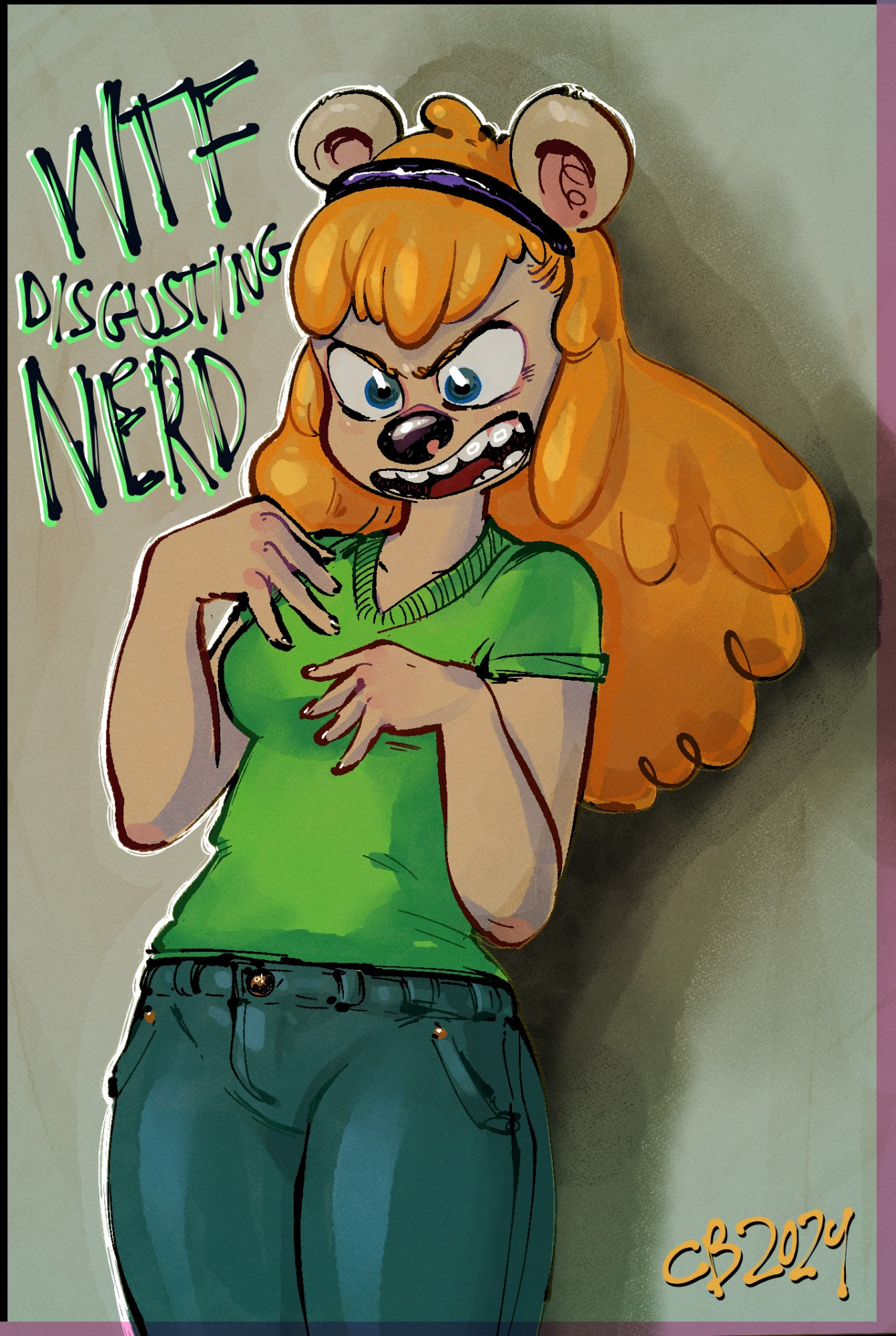 Krista Blonde, the bully bear recoils in disgust after a nerd presumably tried to hand her something