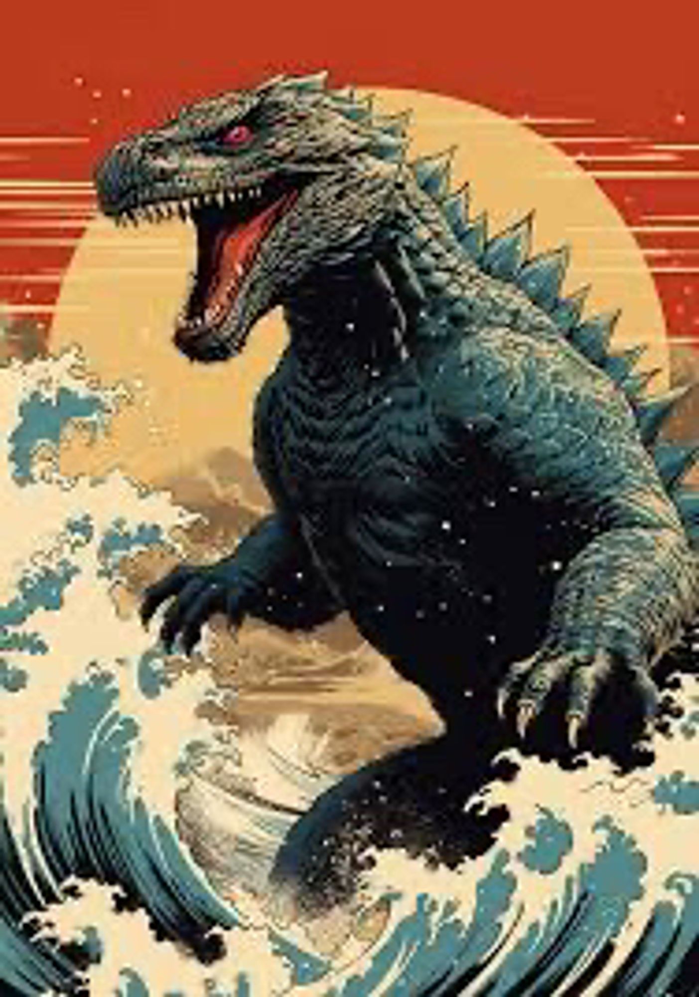 Arte do Godzilla caminhando no mar