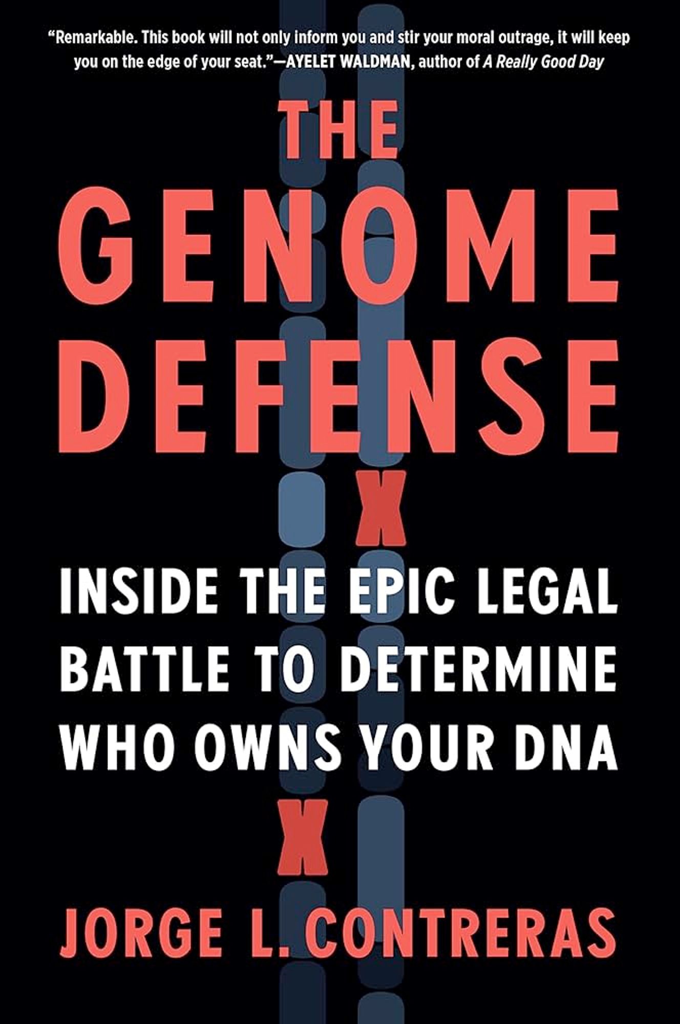 A imagem mostra a capa do livro  "The Genome Defense: Inside the Epic Legal Battle to Determine Who Owns Your DNA", escrito por Jorge L. Contreras. O título está em letras grandes e em negrito, com a palavra "GENOME" em vermelho, enquanto as outras palavras do título estão em branco. O subtítulo, "Inside the Epic Legal Battle to Determine Who Owns Your DNA", também está em branco, e o nome do autor aparece na parte inferior da capa em vermelho. O fundo é preto e a arte de fundo apresenta uma ilustração estilizada de uma cadeia de cromossomos.