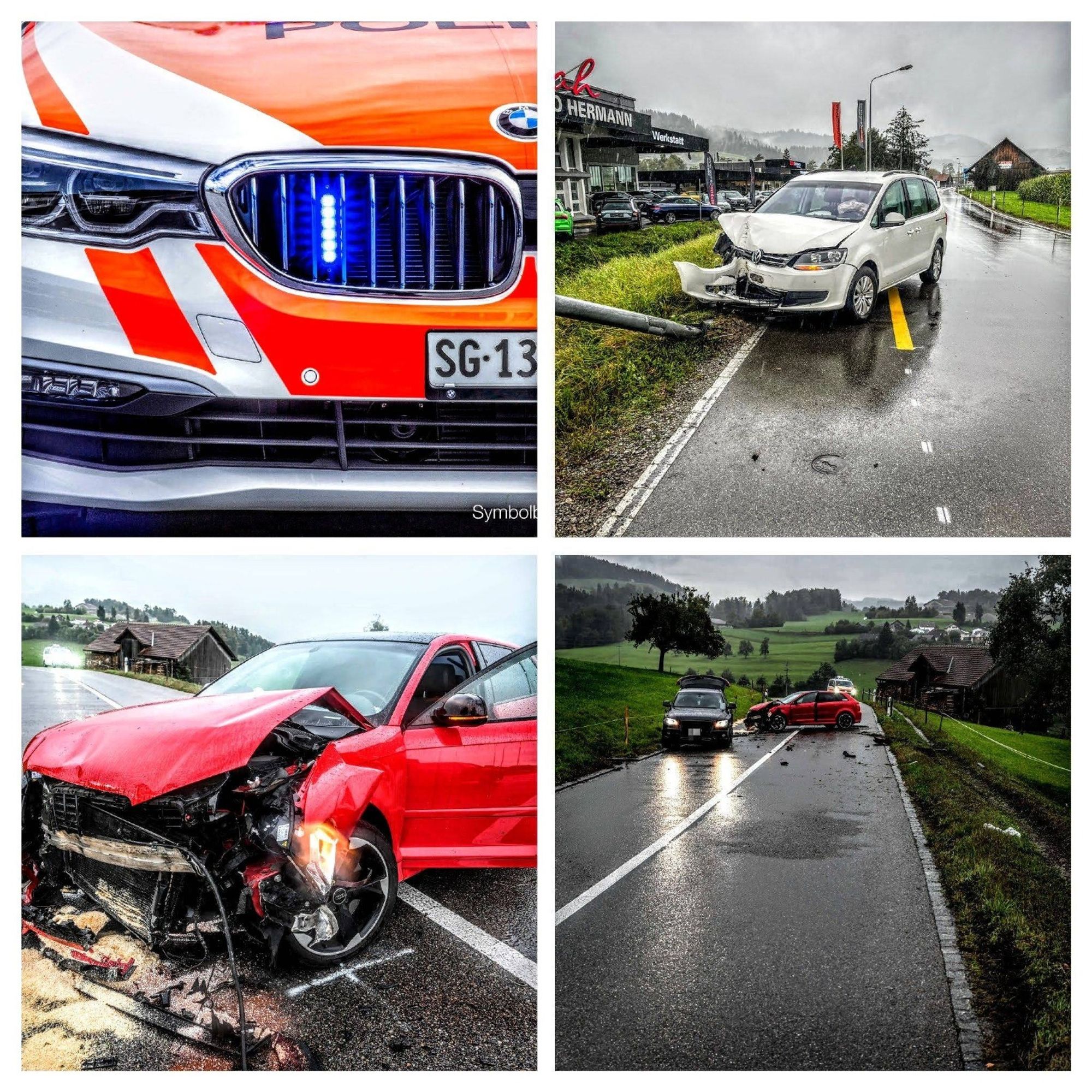 Eine Collage von Autos, die auf der Straße zusammengeprallt sind.