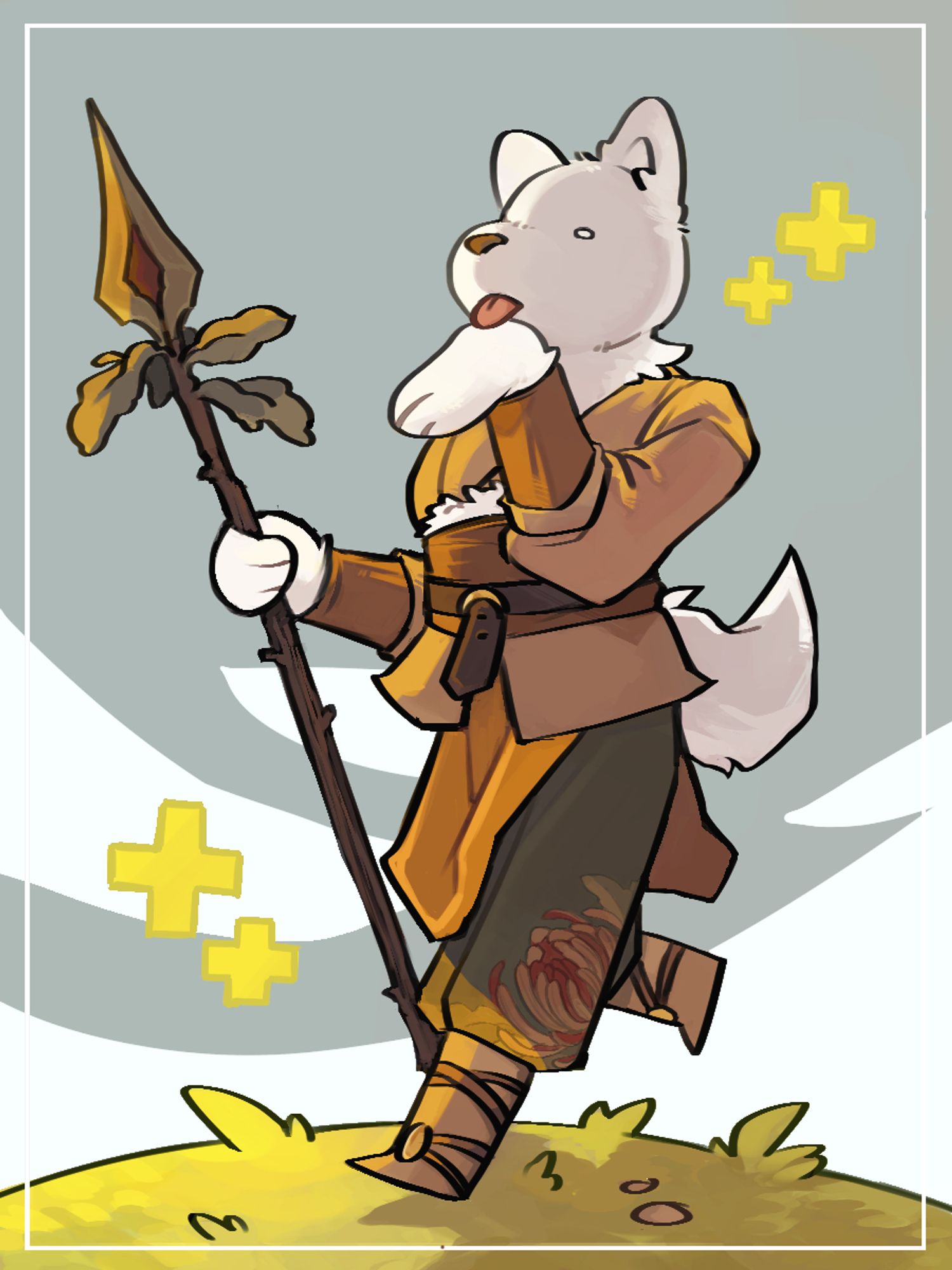 A drawing of a fancy little dog ready for adventure! Hopefully he can heal himself by licking his wound!