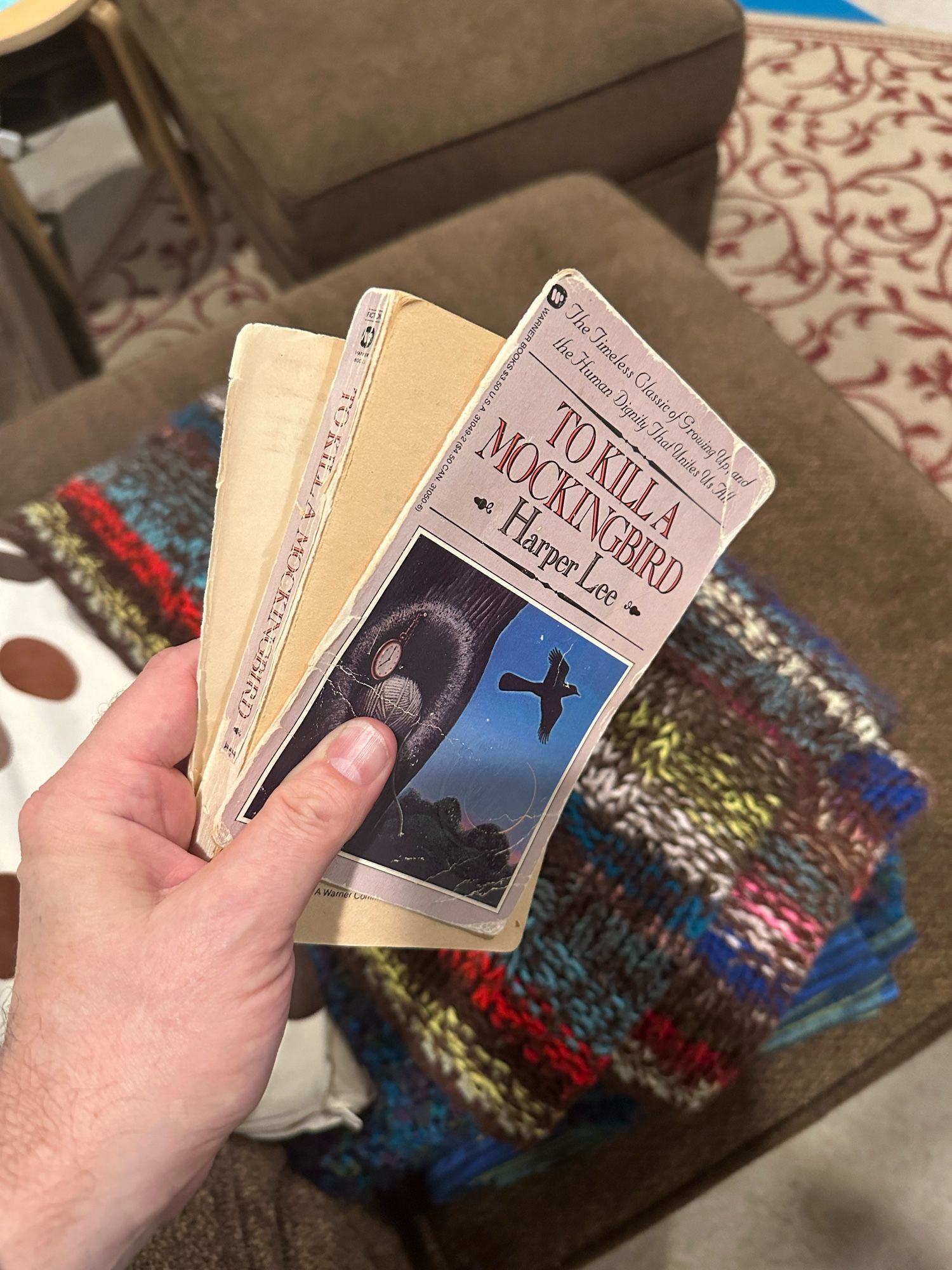 A hand holding a very well read and loved paperback copy of Harper Lee’s To Kill a Mockingbird. This particular copy of the book has been read so many times the front and back covers have come off, and the binding is starting to fray. In the background a pillow with large spots in various hues of brown sits next to an Afghan blanket in brown with multiple bright colors variegated throughout.