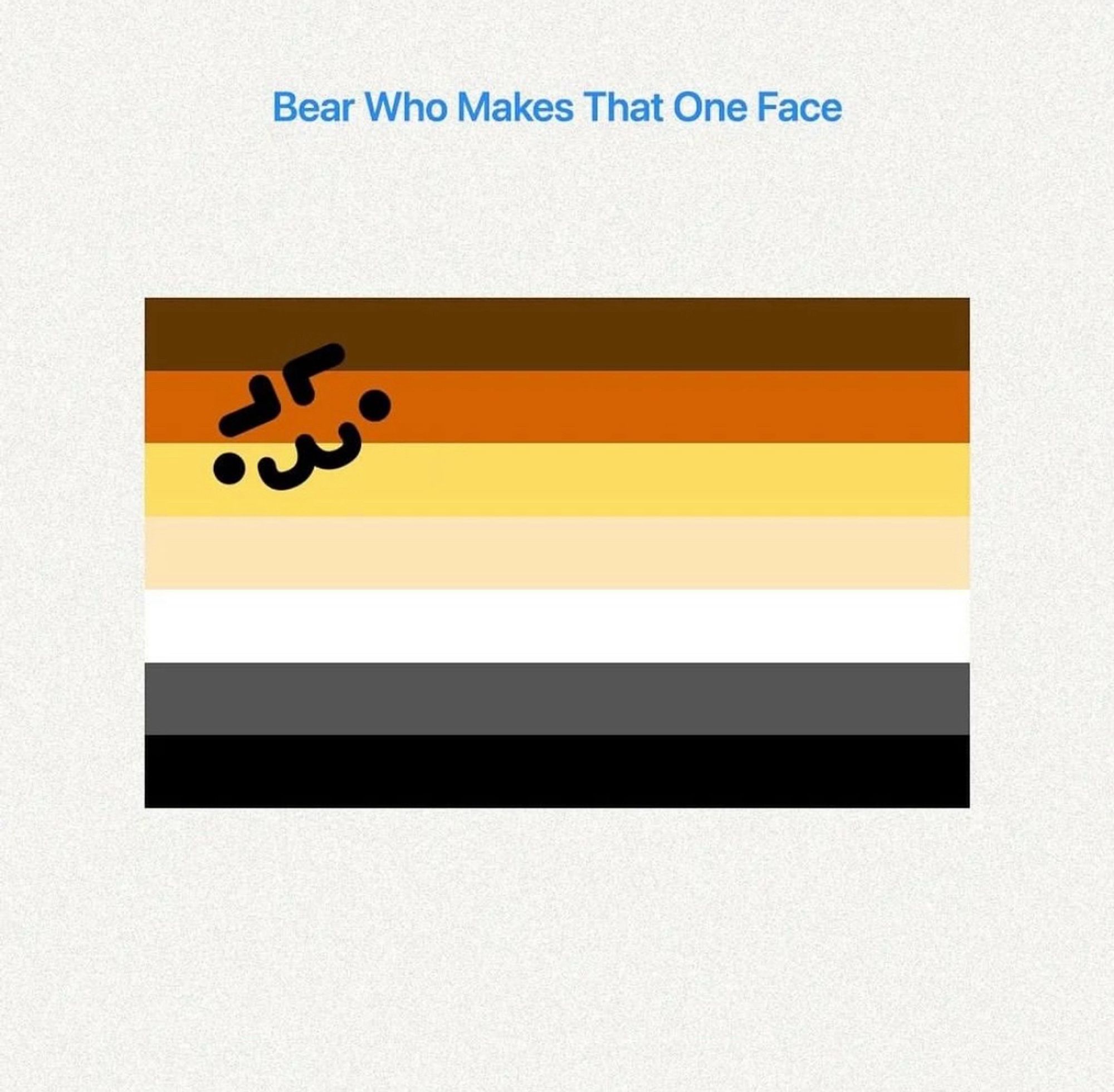 A version of the Bear Pride flag with a “Bear face” icon in the upper left corner. Text above reads “Bear who makes that one face”