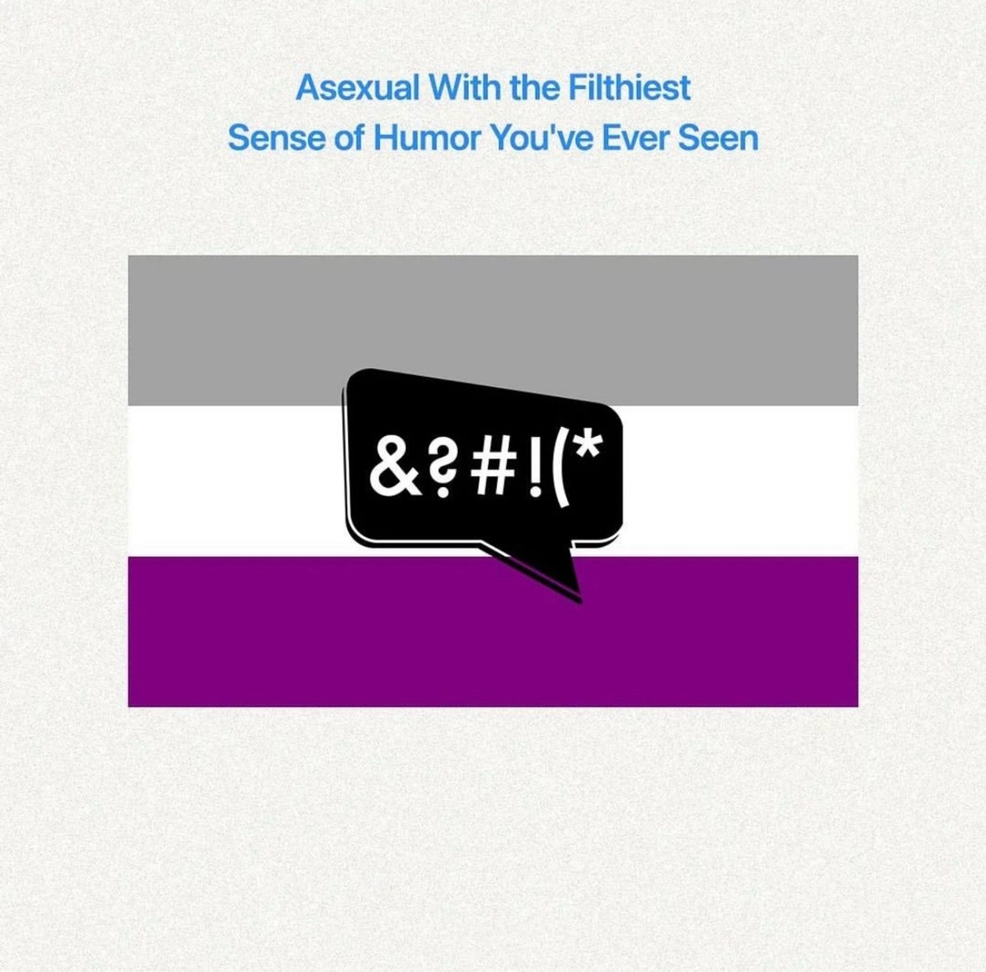 The asexual pride flag with a speech bubble in the middle indicating profanity being spoken. Text above says “Asexual with the filthiest sense of humor you’ve ever seen”