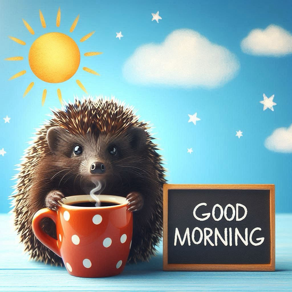 dark hedgehog, holding a cup of coffee; in the background a bright blue sky with small clouds and sun; the words Good Morning