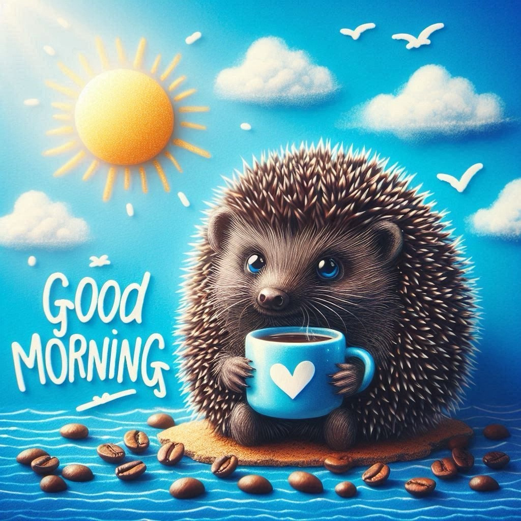 dark hedgehog, holding a cup of coffee; in the background a bright blue sky with small clouds and sun; the words Good Morning