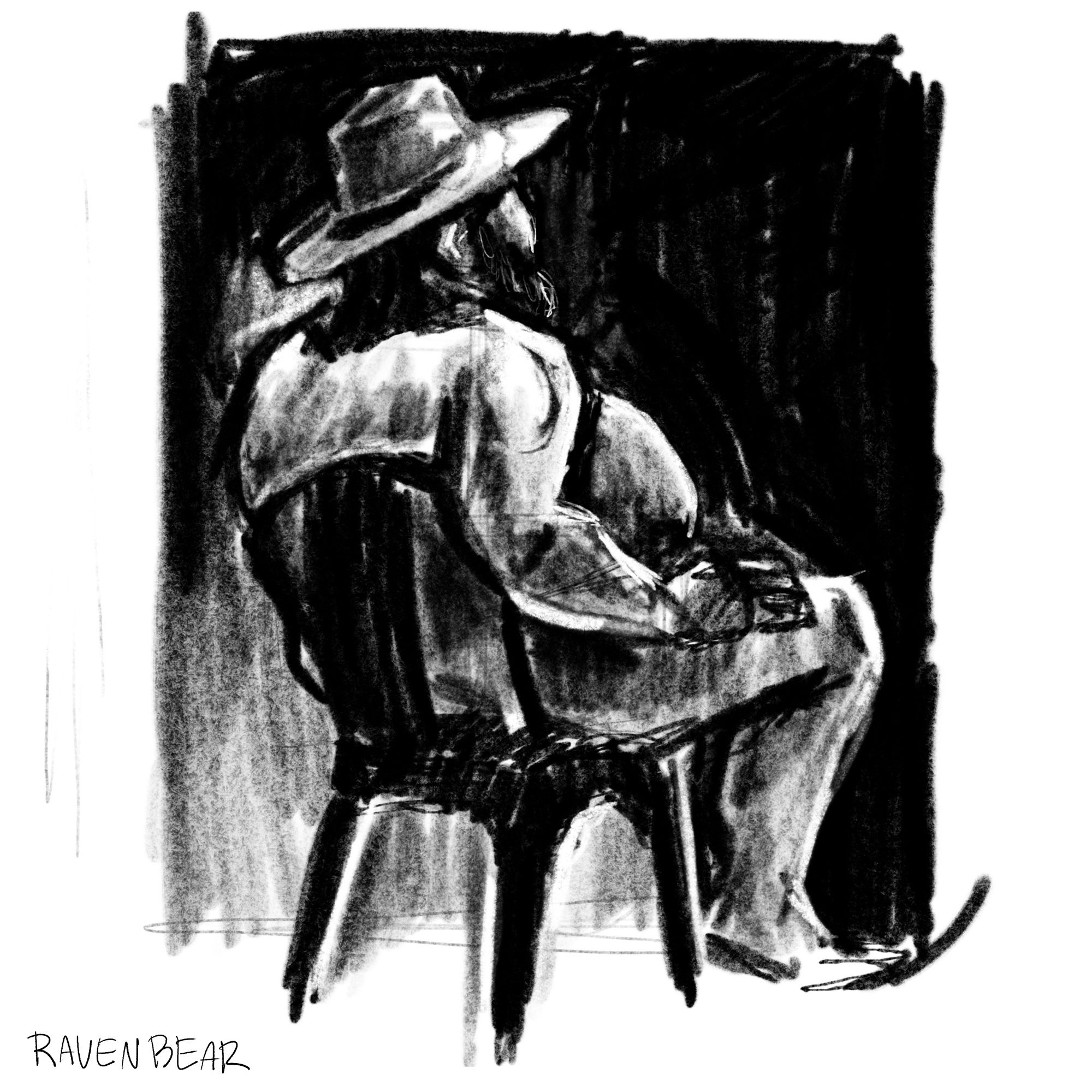 Digital charcoal sketch of man in chair