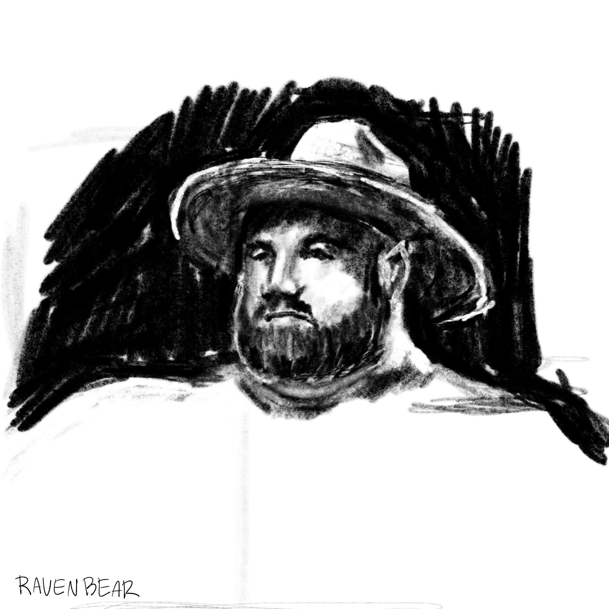 Digital charcoal sketch of bearded man in hat