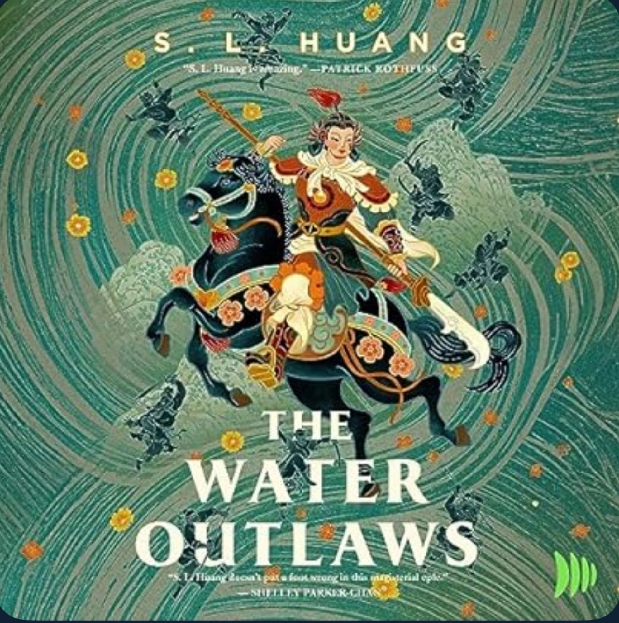 Audible cover for THE WATER OUTLAWS, by S. L. Huang. A warrior dressed in ornate armor and wielding a glaive sits aside a galloping horse against a swirling background of teal and sea foam brushstrokes.