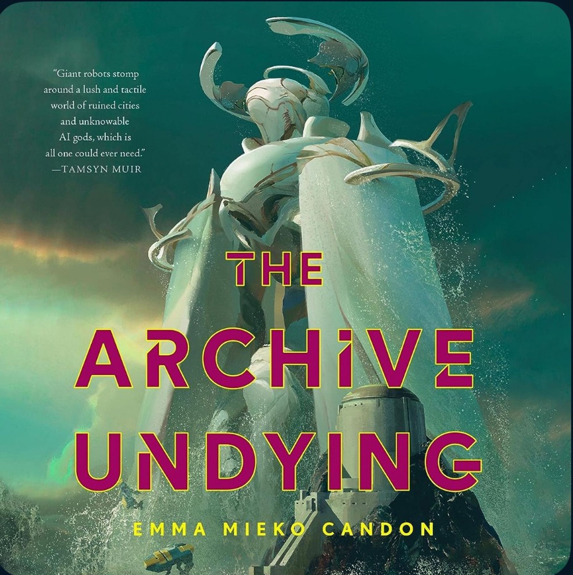 Audible's cover image for THE ARCHIVE UNDYING, by Emma Mieko Candon. A giant alabaster robot looms over a cylindrical building perched on a rocky shore. Water cascades from its floating halo and the thorny shoulders of its cloak. At the very bottom of the image, an insectile vehicle rears up on its hind legs as if in awe of the thing that stands before it.