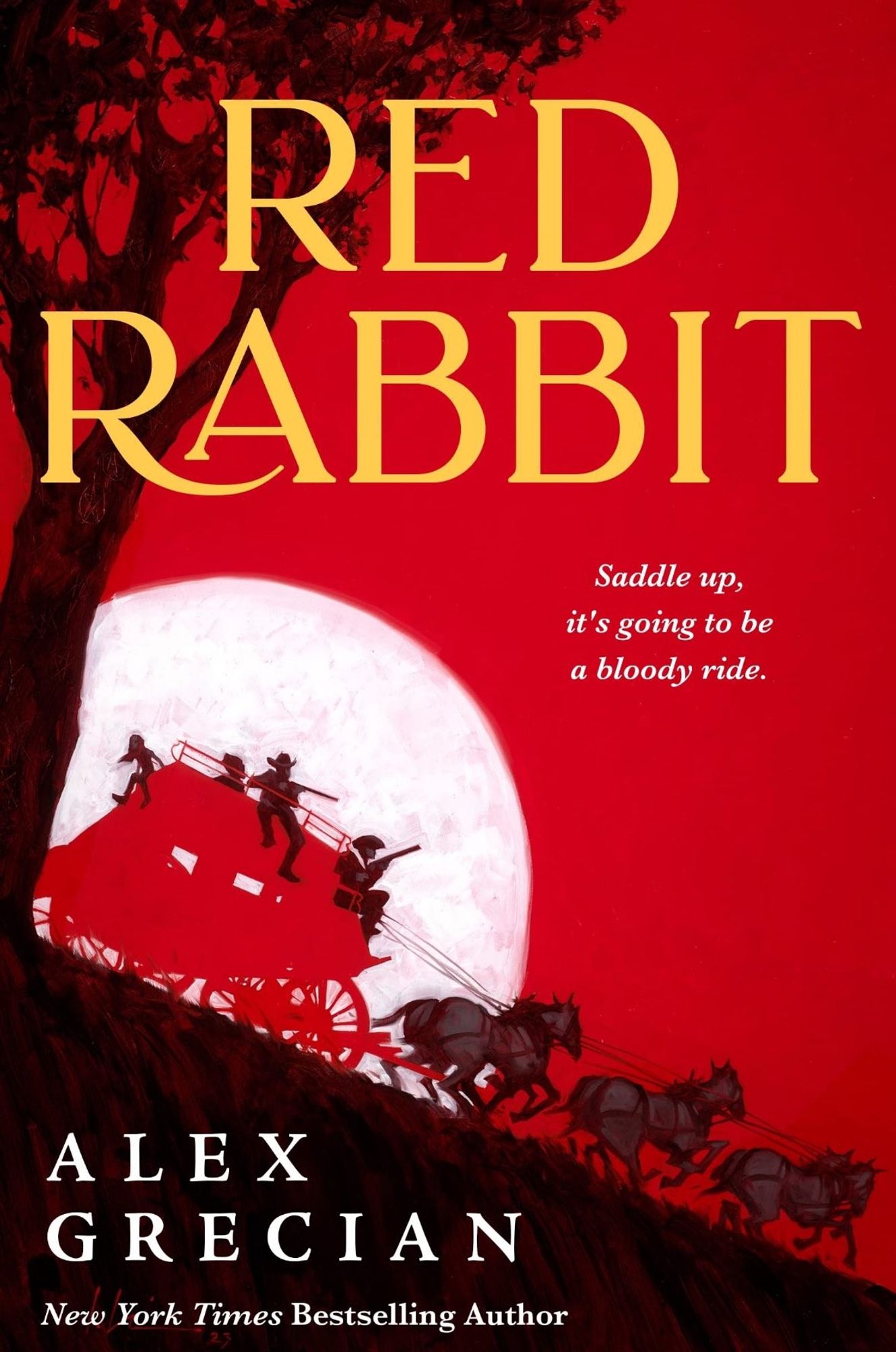 Book cover for RED RABBIT, by Alex Grecian. A silhouetted team of old west characters drives a wagon led by 6 horses down a steep decline. The moon rises over the land lit by a blood red sky.