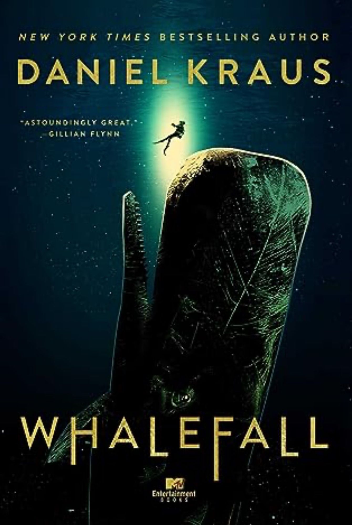 Book cover of WHALEFALL, but Daniel Kraus. A sperm whale sinks j to inky depths, a scuba diver falling behind, illuminated by an eerie glow.