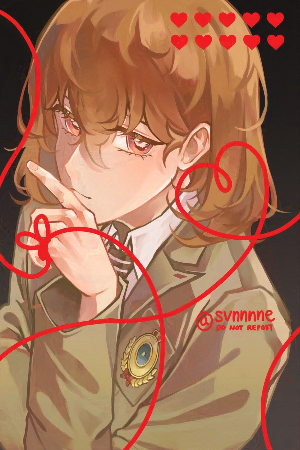 depicts goro akechi in his school uniform with a red string of fate on his left hand ring finger. 
--
#akeshu #shuake #明主 #主明
#svnart