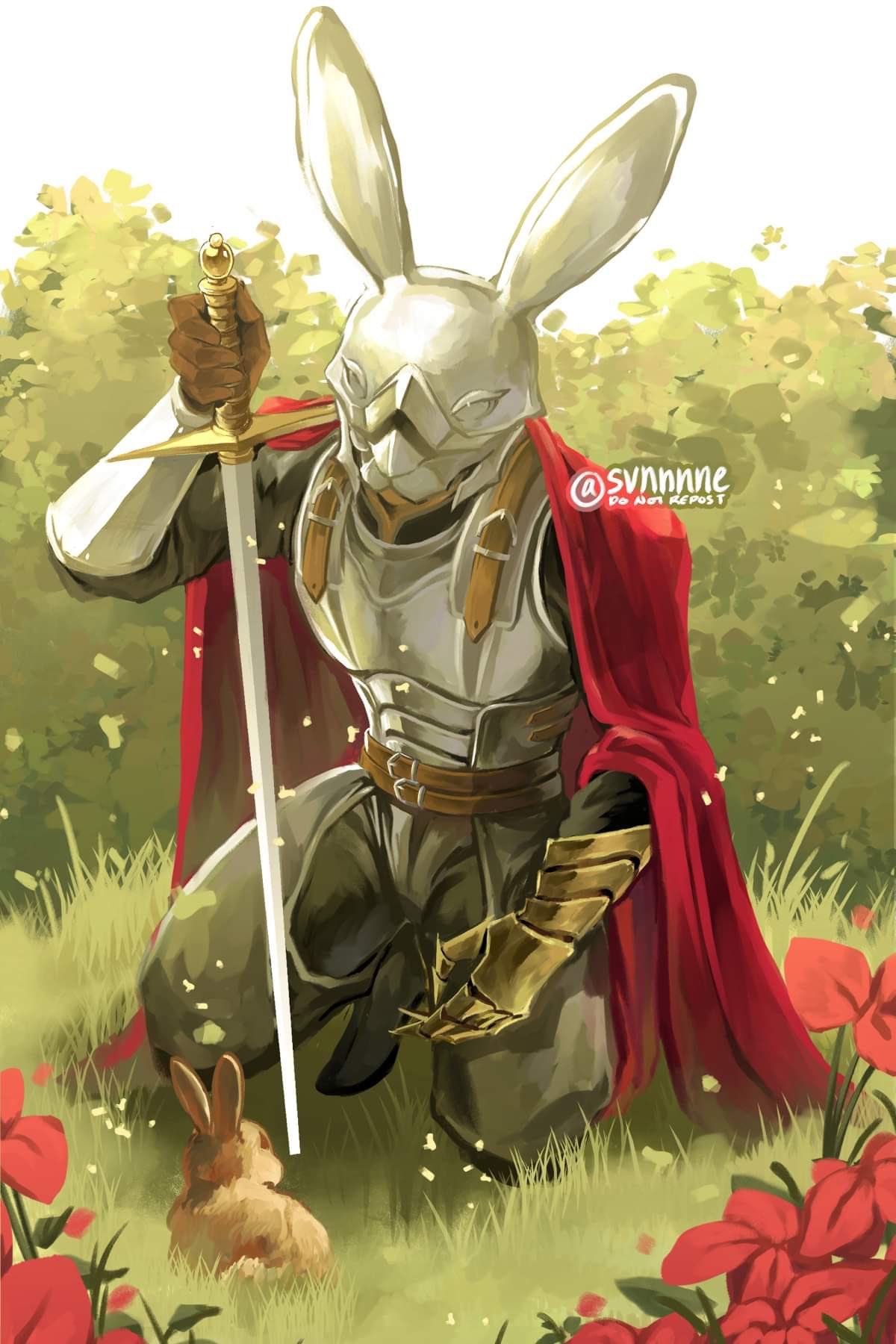 depicts a knight with a red cape and with a bunny shaped helmet kneeling down to see a baby bunny in a garden. there are red flowers around the garden. the knight also is holding a sword. this is a gift for an irl friend. 
--
#svnart #originalcharacter 