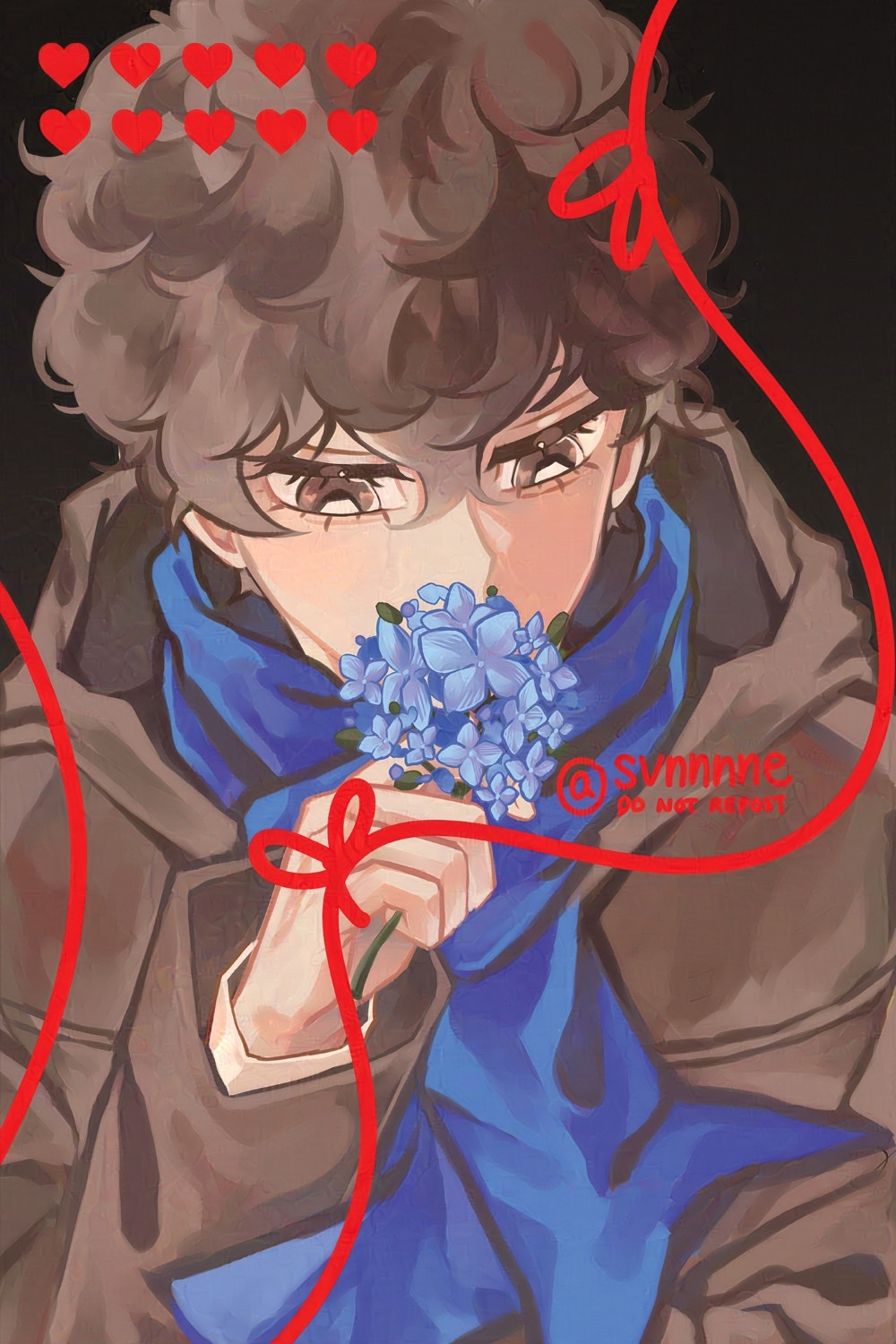 depicts the P5 protagonist in his third semester outfit with a red string of fate on his left hand ring finger. 
--
#akeshu #shuake #明主 #主明
#svnart
