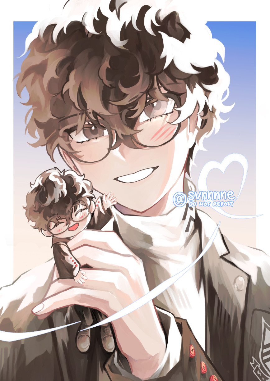 depicts the persona 5 protagonist in his shujin uniform holding a tiny version of himself - specifically the piccodo ren figure). 