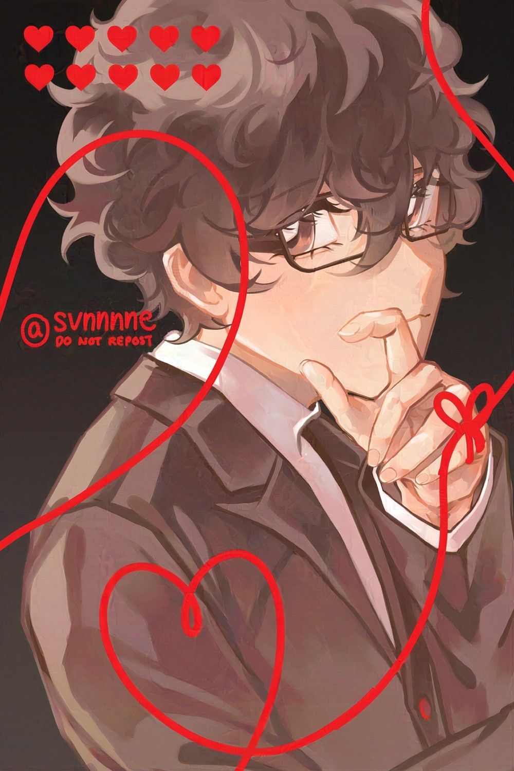 depicts the P5 protagonist in his shujin uniform with a red string of fate on his left hand ring finger. 
--
#akeshu #shuake #明主 #主明
#svnart
