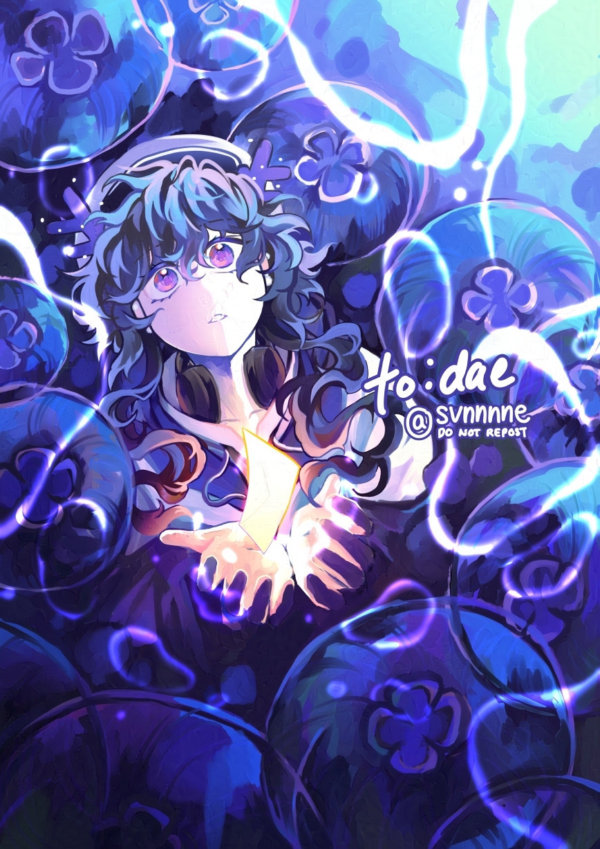 depicts dae (yujacake)'s sona in a sea of blue purple jellyfish looking up from the waters. there is a golden letter in their hands. 
--
#svnart #originalcharacter (do sona's count in this situation?)