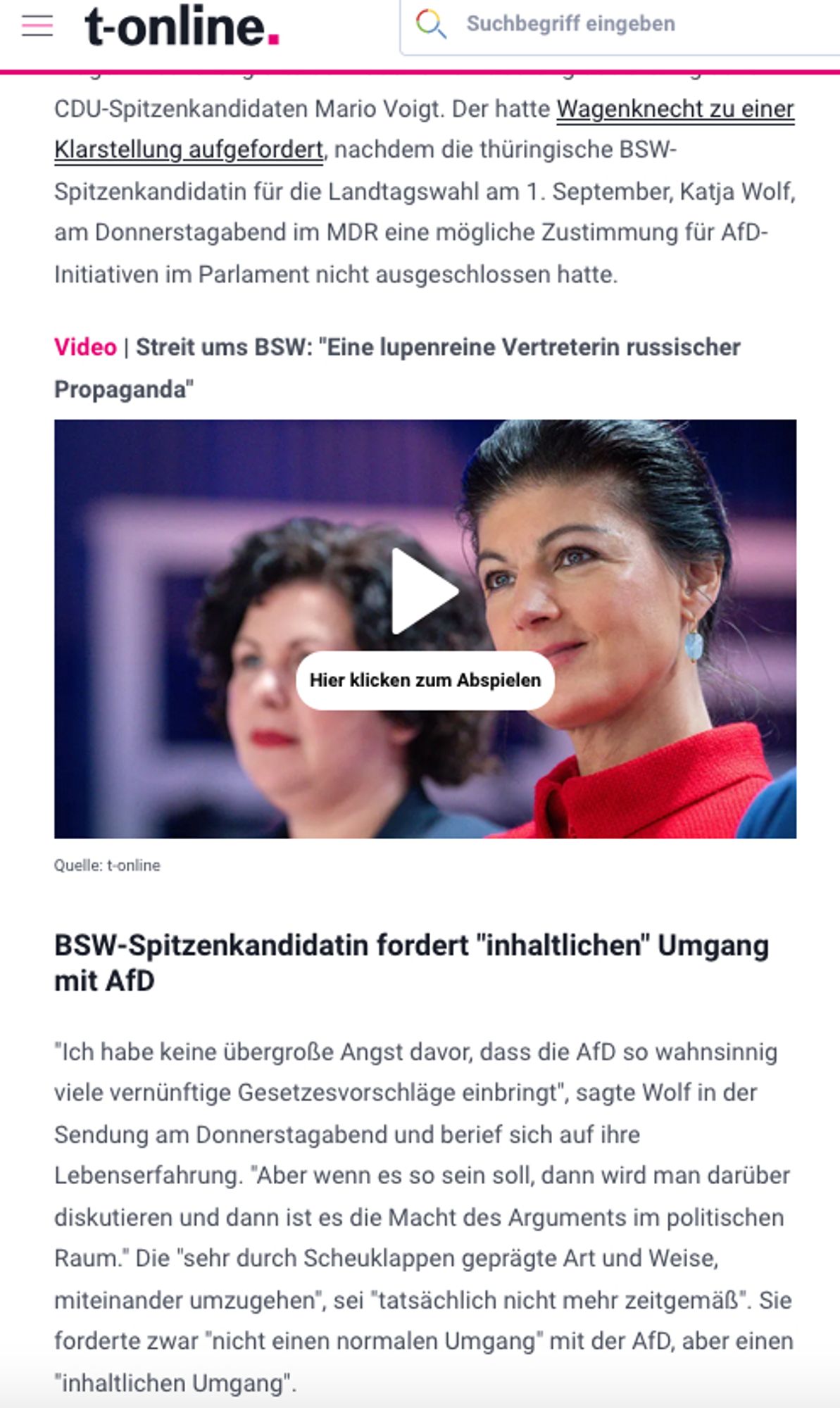 https://www.t-online.de/nachrichten/deutschland/parteien/id_100470274/sahra-wagenknecht-fordert-umdenken-beim-umgang-mit-der-afd.html

BSW und CDU meinen: mit der AfD sollen man sich inhaltlich beschäftigen. So weit zum Thema "Brandmauer".