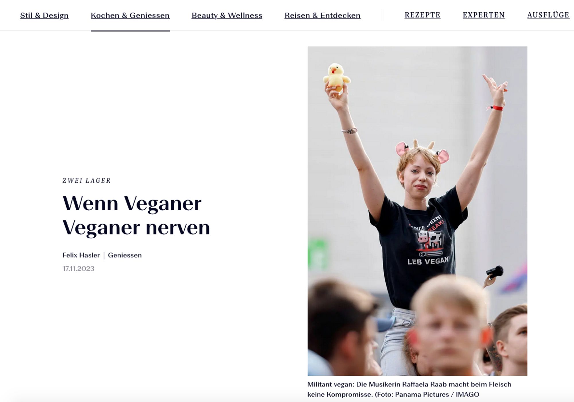 Wenn Veganer sich radikalisieren: militante Veganerin RAAB.

https://bellevue.nzz.ch/kochen-geniessen/wer-rettet-die-welt-zwischen-den-fundis-und-den-realos-des-fleischverzichts-geht-es-ums-grosse-ganze-eine-stellungnahme-ld.1765838

https://www.ingame.de/news/die-militante-veganerin-streamerin-aktivistin-raffaela-raab-wien-oesterreich-tiere-twitch-92190373.html