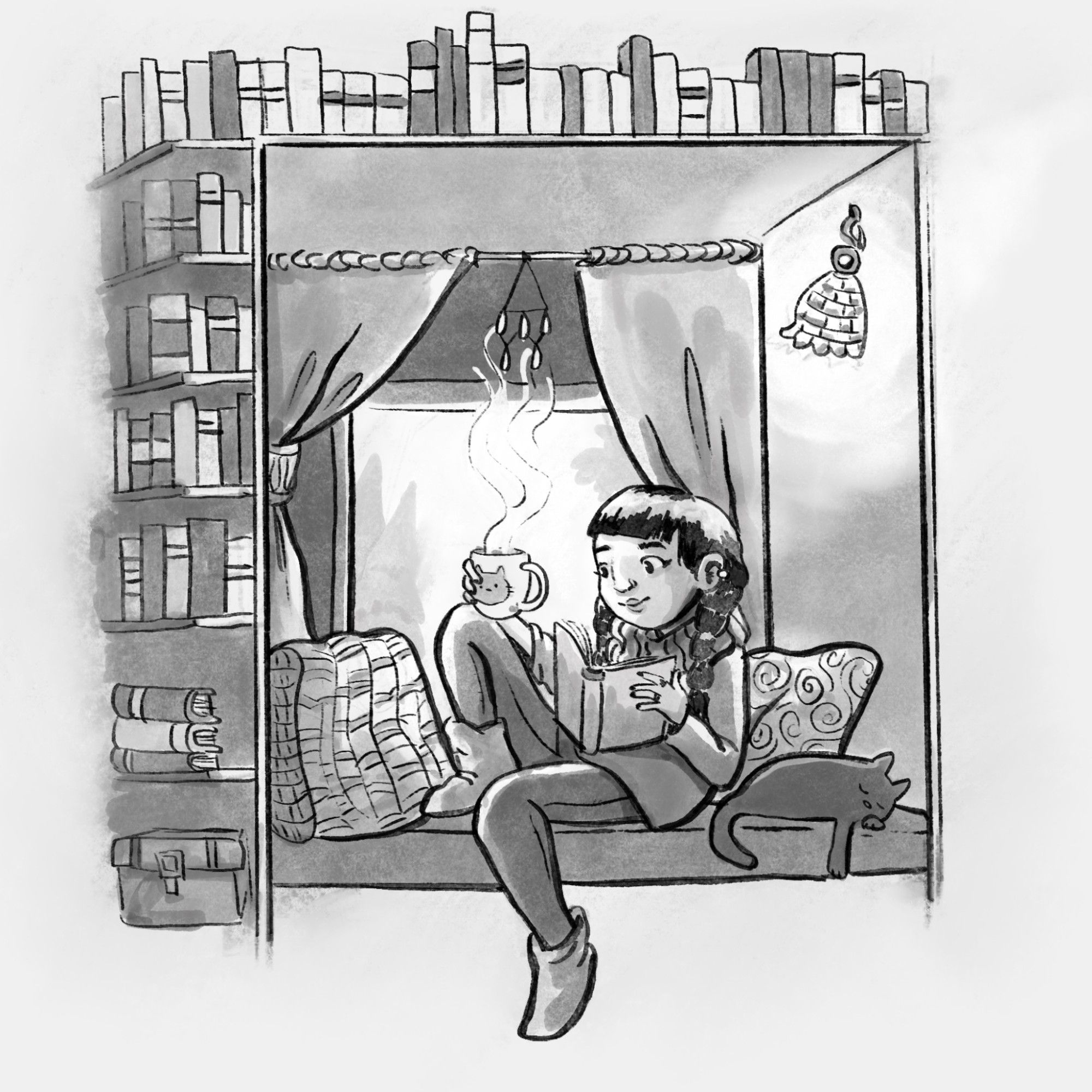 Drawing of a girl reading in a cozy window nook with a sleeping cat behind her.