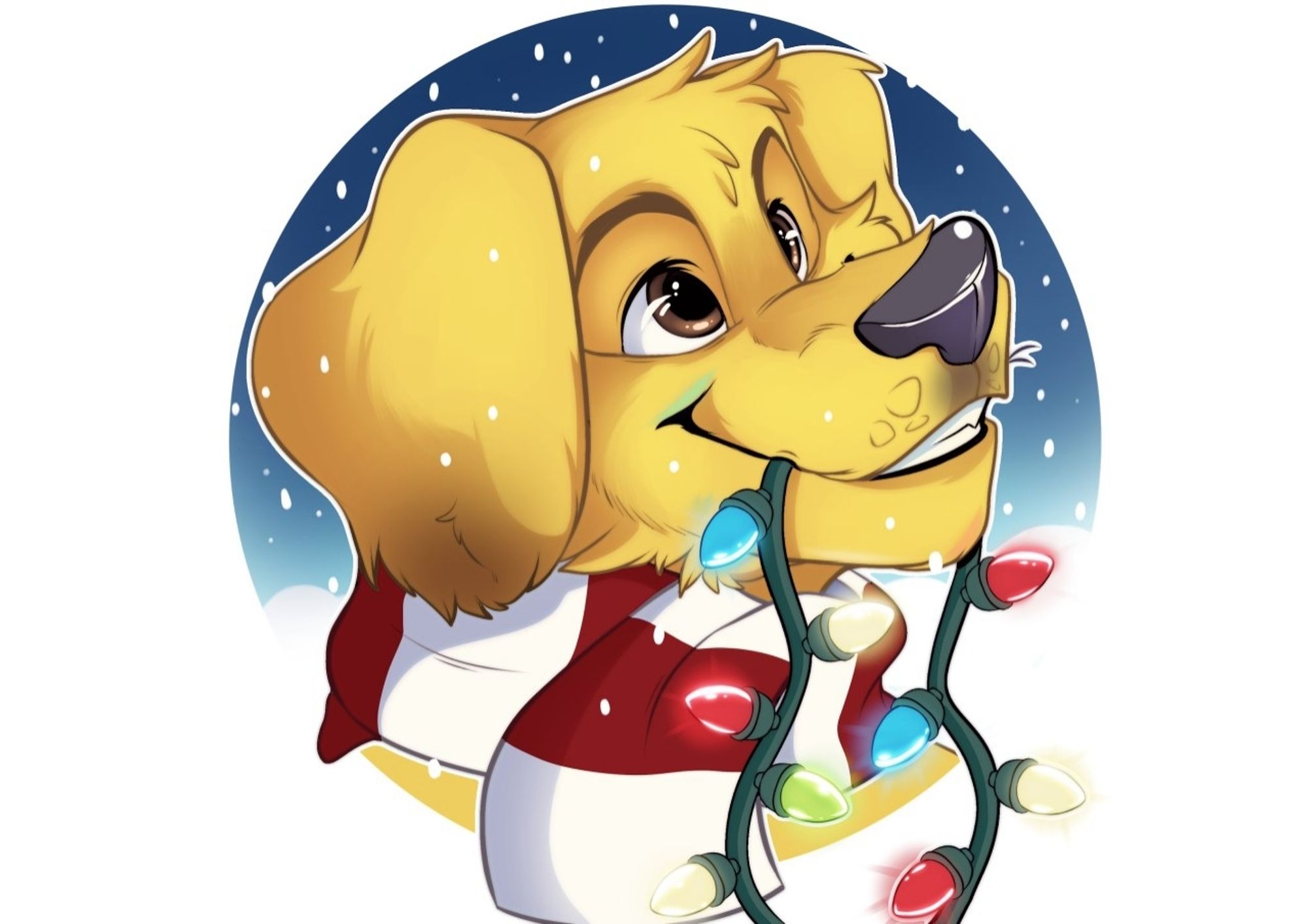 A headshot of a golden retriever in a red and white Christmas sweater, who is smiling while a strand of lit Christmas lights dangle from his mouth. He's smiling happily as he watches the snow fall around him