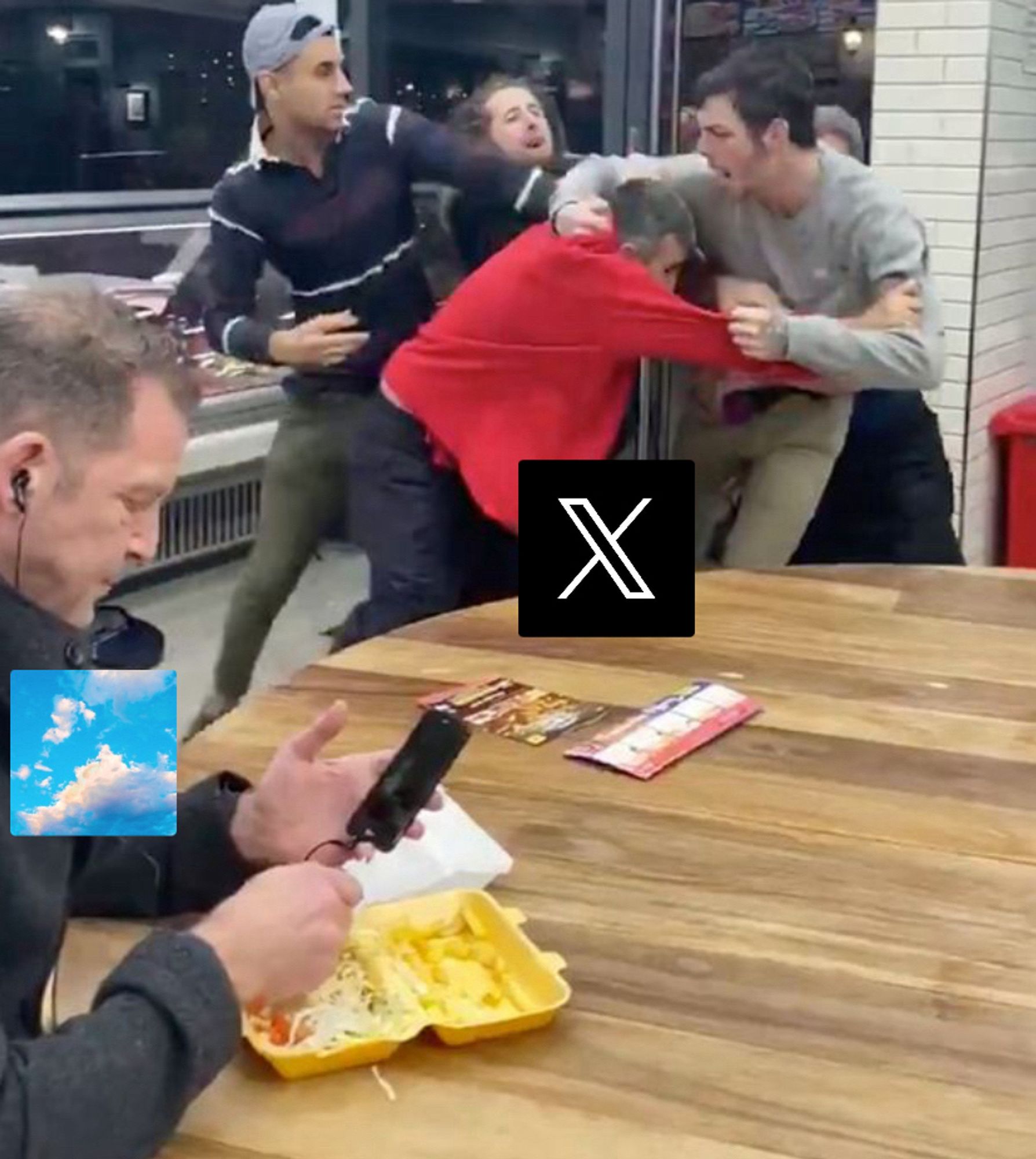 Eine Situation in einem Diner. Paar dudes prügeln sich und ein anderer dude sitzt an einem Tisch und isst und schaut dabei auf seinem Handy. Auf ihm ist das Bluesky Logo und auf dem Dudes das Twitter Logo