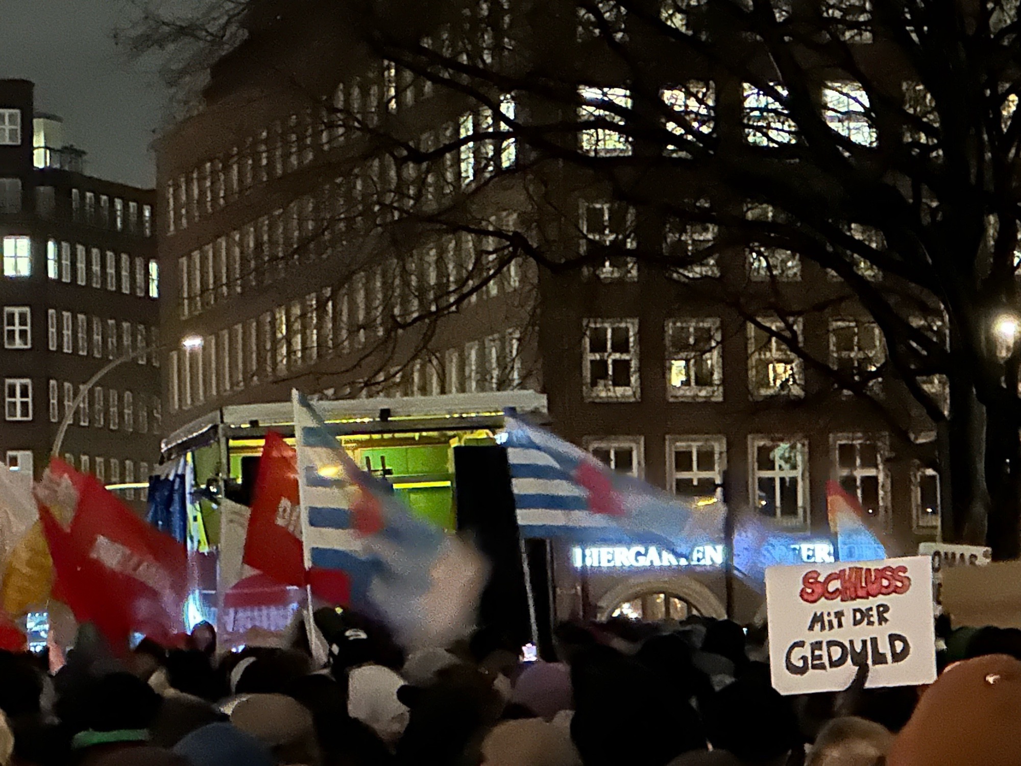 Foto einer Demo. Viele Fahnen und ein Schild „Schluss mit der Geduld“