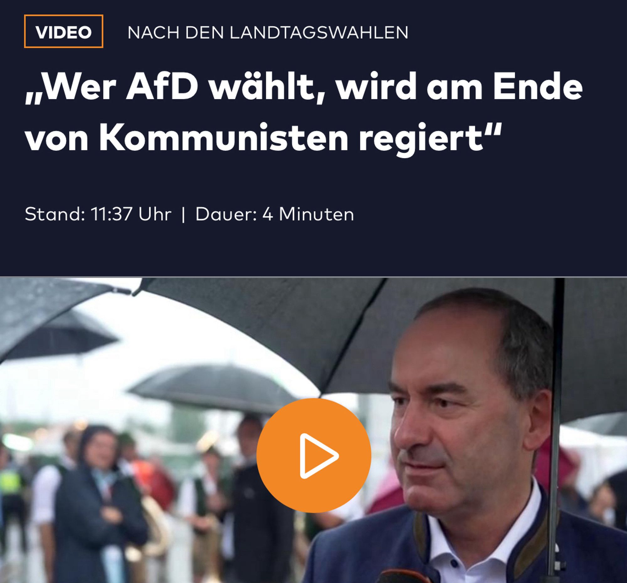 Welt Artikel

„Wer AfD wählt, wird am Ende von Kommunisten regiert“

Darunter das Bild von Hubert Aiwanger, der unter nem Regenschirm steht