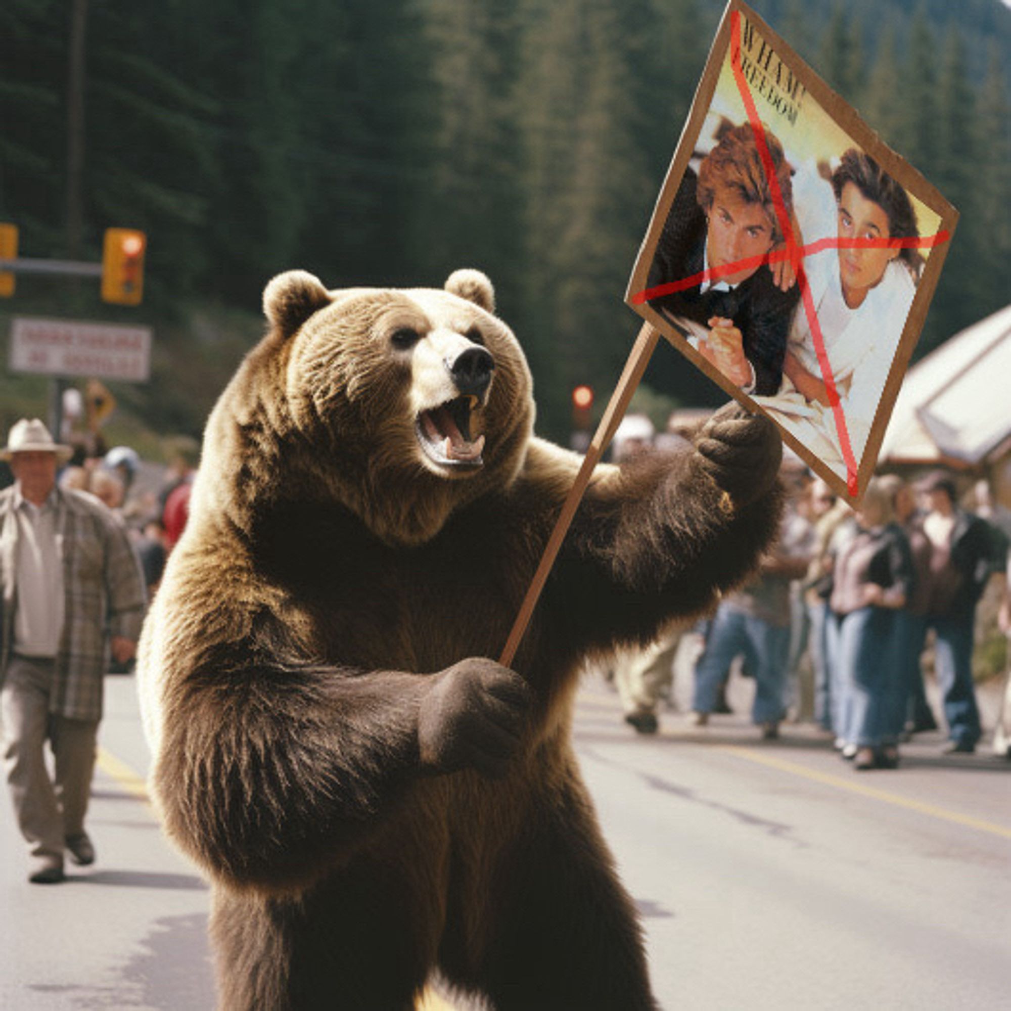 Ein Bär der auf der Straße steht und ein Schild in der Hand hält auf dem die Band wham durchgestrichen zu sehen ist