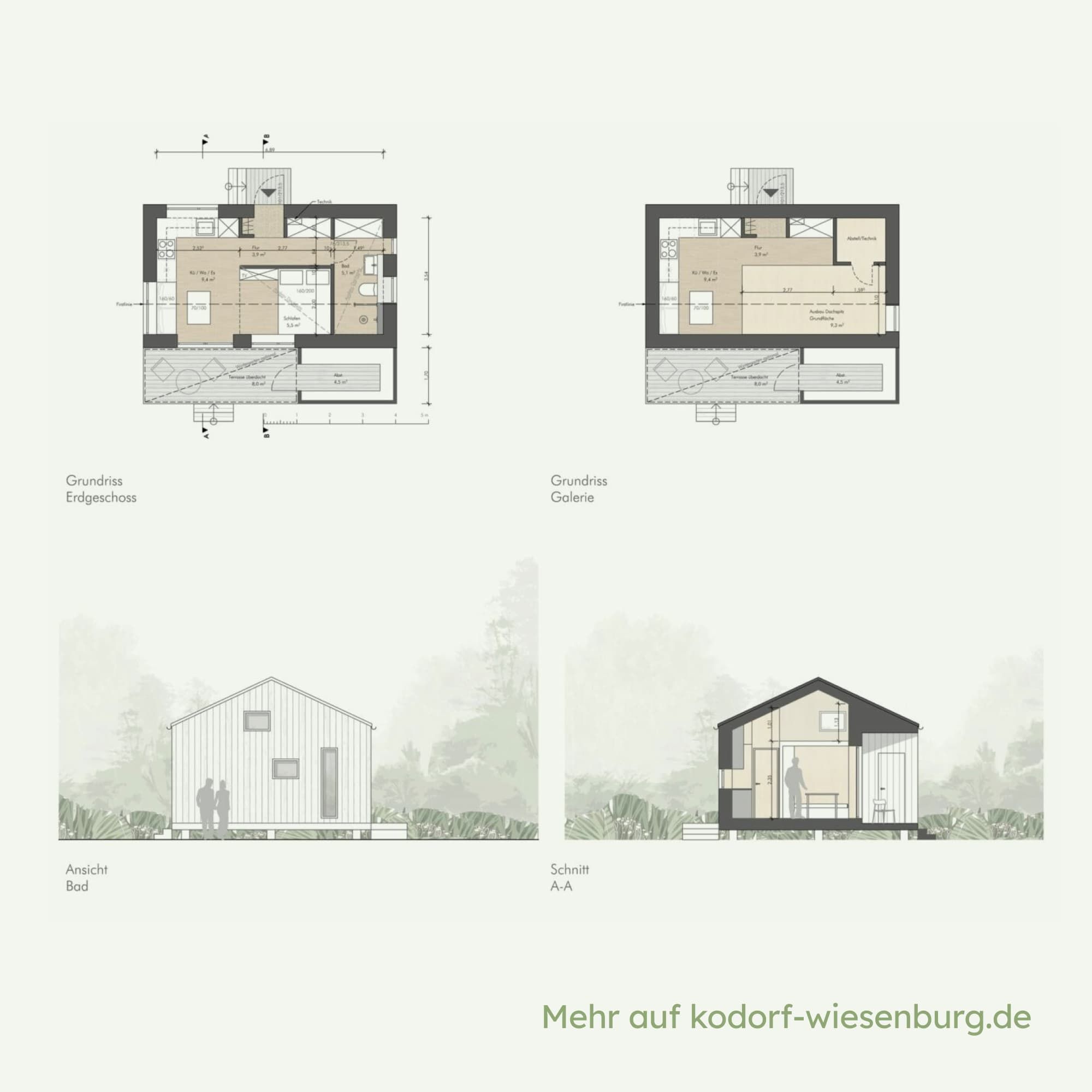 2 Grundrisse des 25er-Hauses: Hauptebene und Zwischenebene unter dem Dach. 2 Ansichten von außen: Einmal mit Wand, einmal offen ohne Wand.