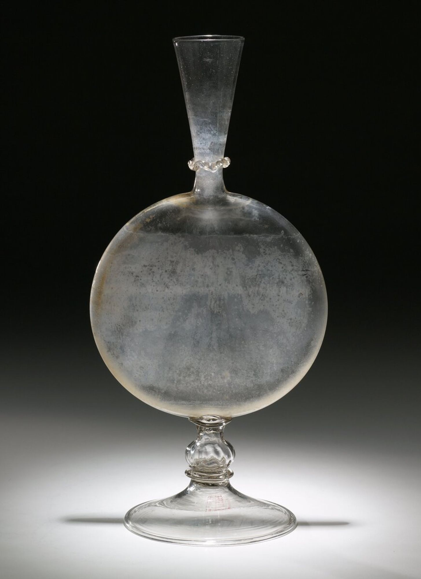 Murano clear white glass; flattened spherical body, conical neck decorated with band of quilled clear white glass