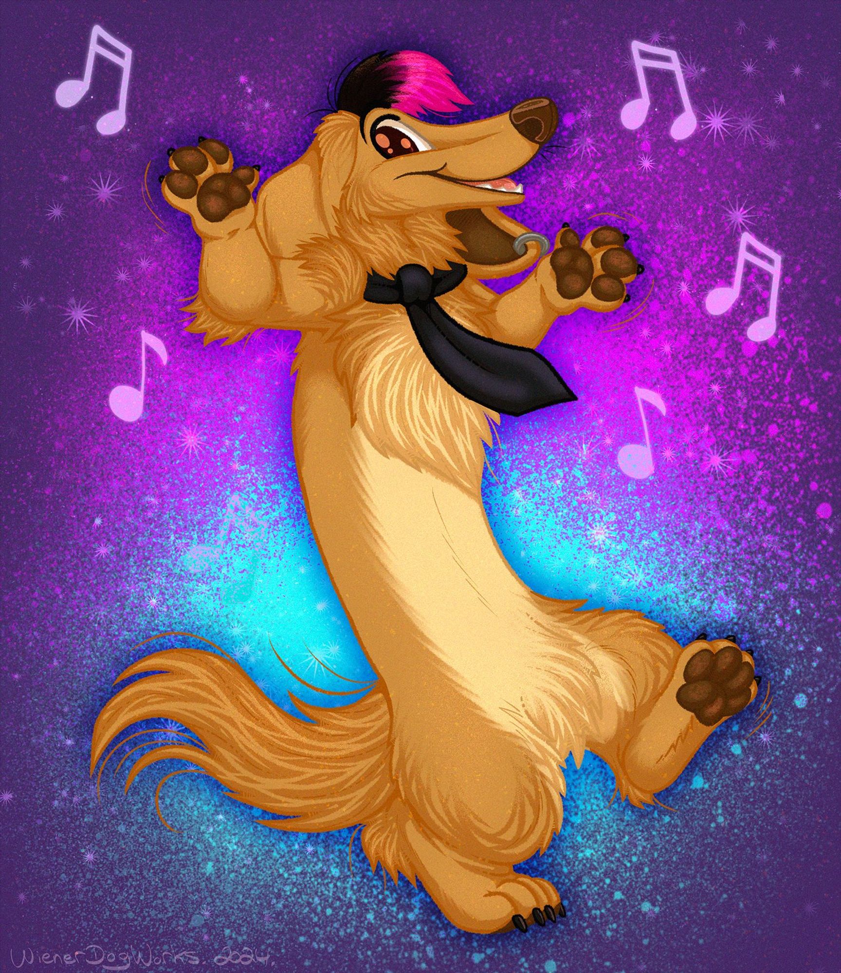 A drawing of an anthropomorphic tan and cream longhaired dachshund wearing a tie and dancing with music notes surrounding them.